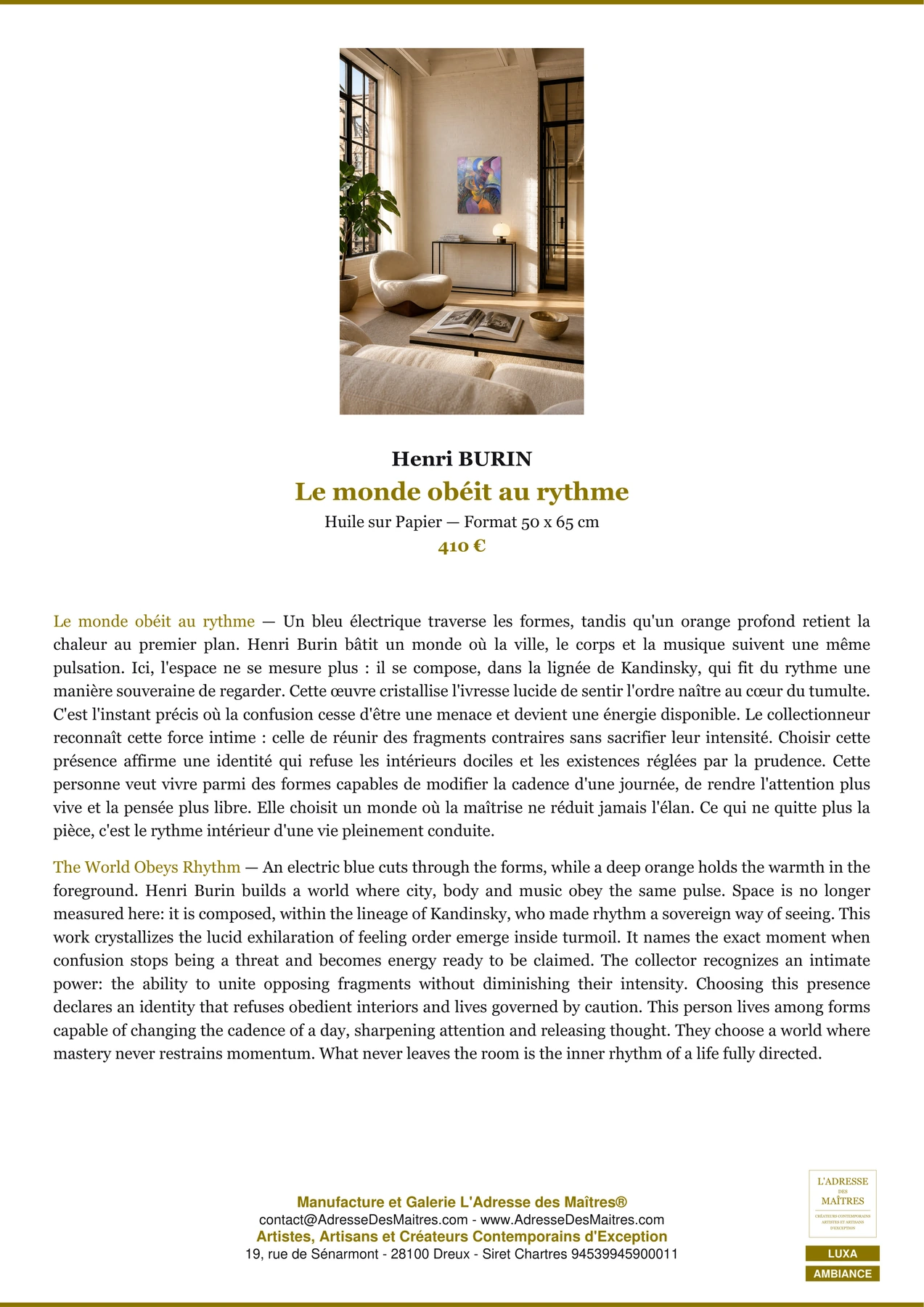 Fiche Premium Ambiance — Le monde obéit au rythme — Henri BURIN — L'Adresse des Maîtres®