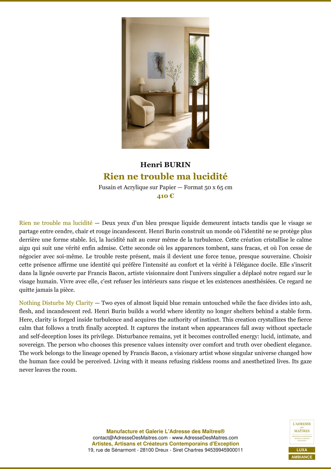 Fiche Premium Ambiance — Rien ne trouble ma lucidité — Henri BURIN — L'Adresse des Maîtres®