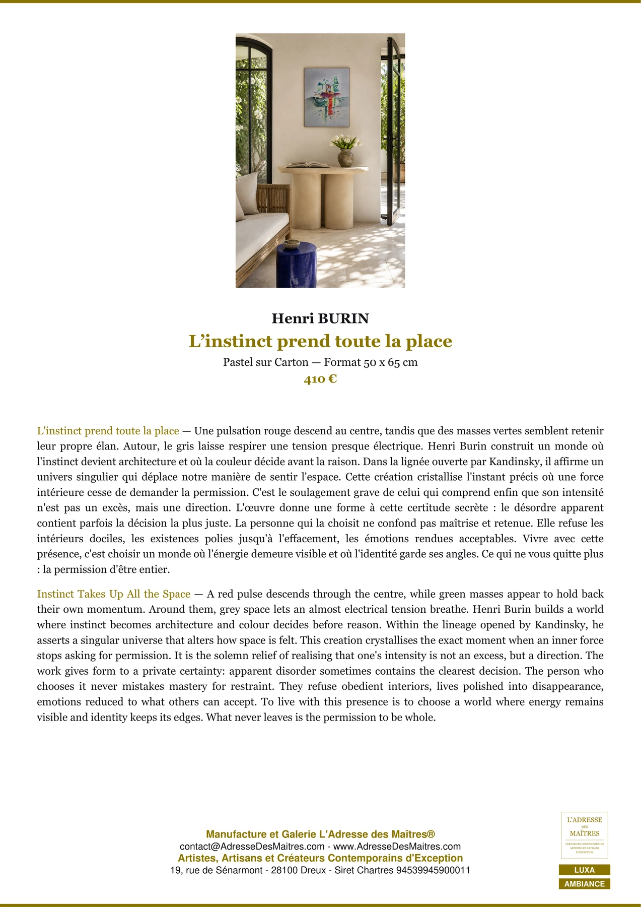 Fiche Premium Ambiance — L’instinct prend toute la place — Henri BURIN — L'Adresse des Maîtres®