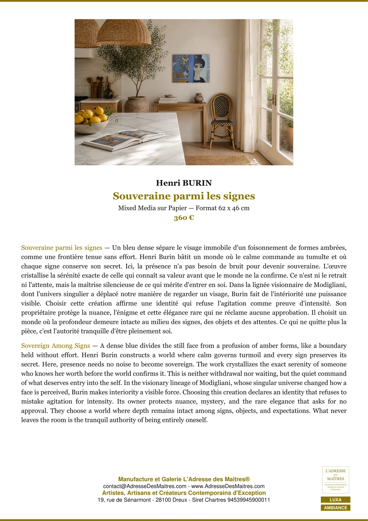 Fiche Premium Ambiance — Souveraine parmi les signes — Henri BURIN — L'Adresse des Maîtres®