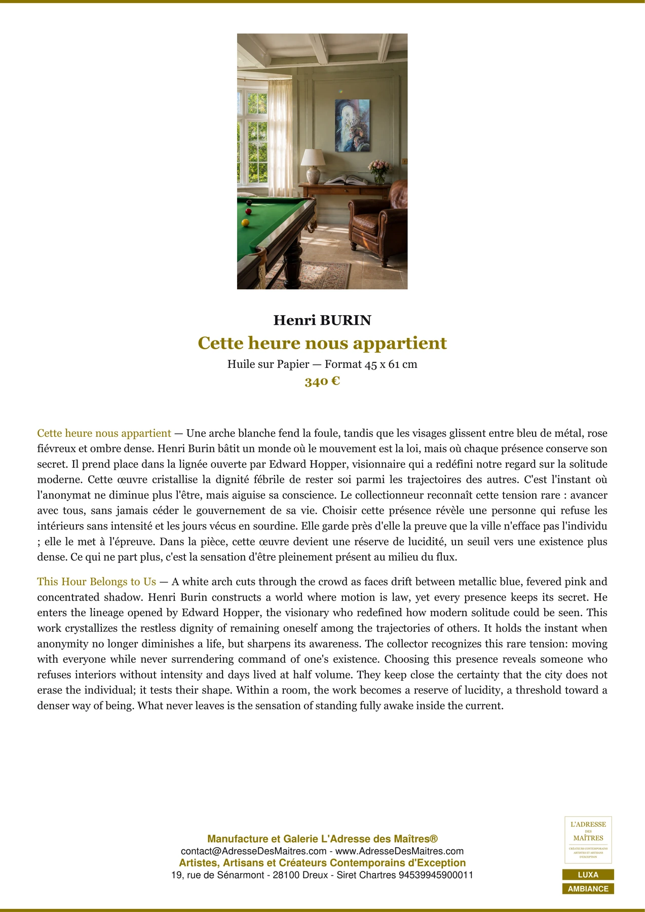 Fiche Premium Ambiance — Cette heure nous appartient — Henri BURIN — L'Adresse des Maîtres®