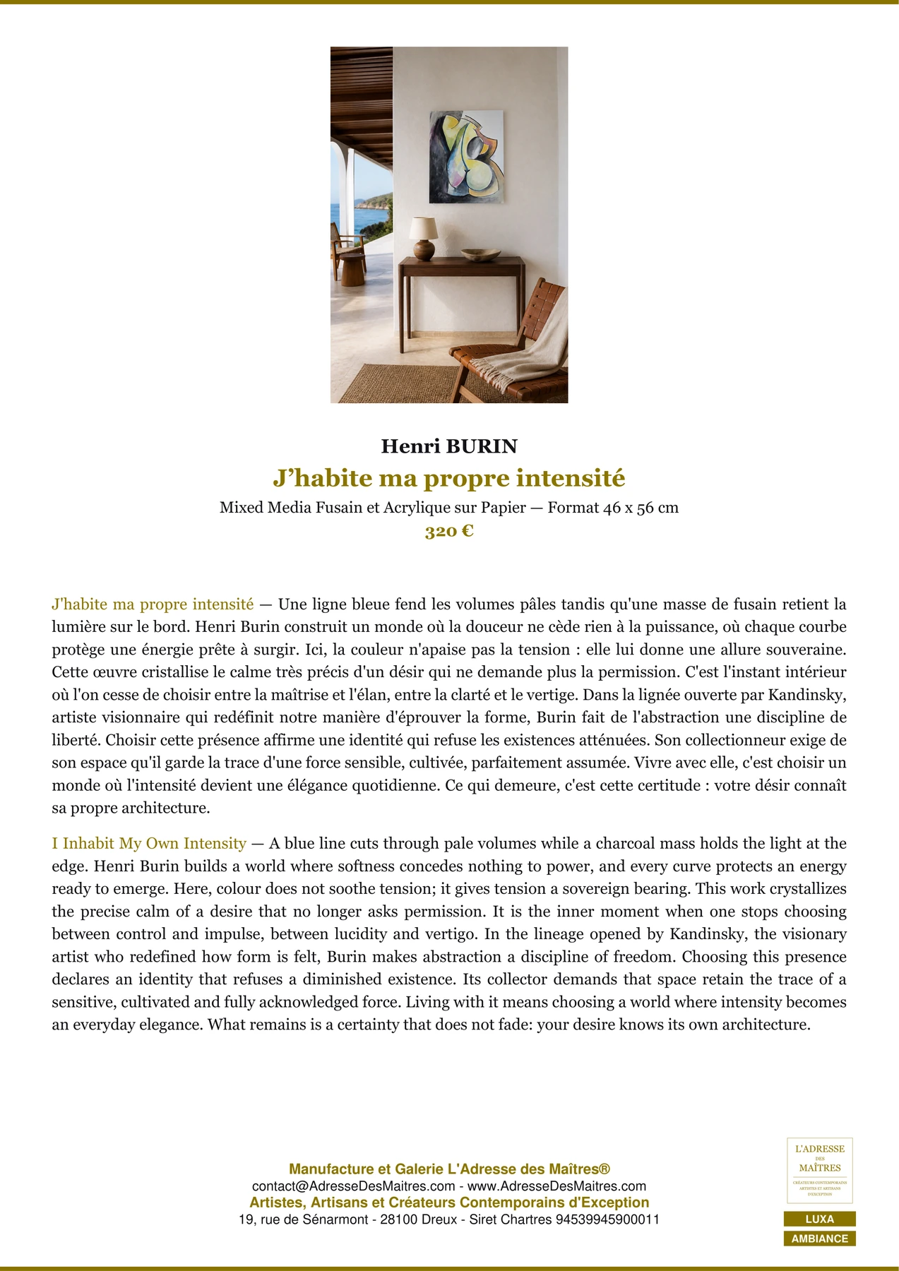 Fiche Premium Ambiance — J’habite ma propre intensité — Henri BURIN — L'Adresse des Maîtres®