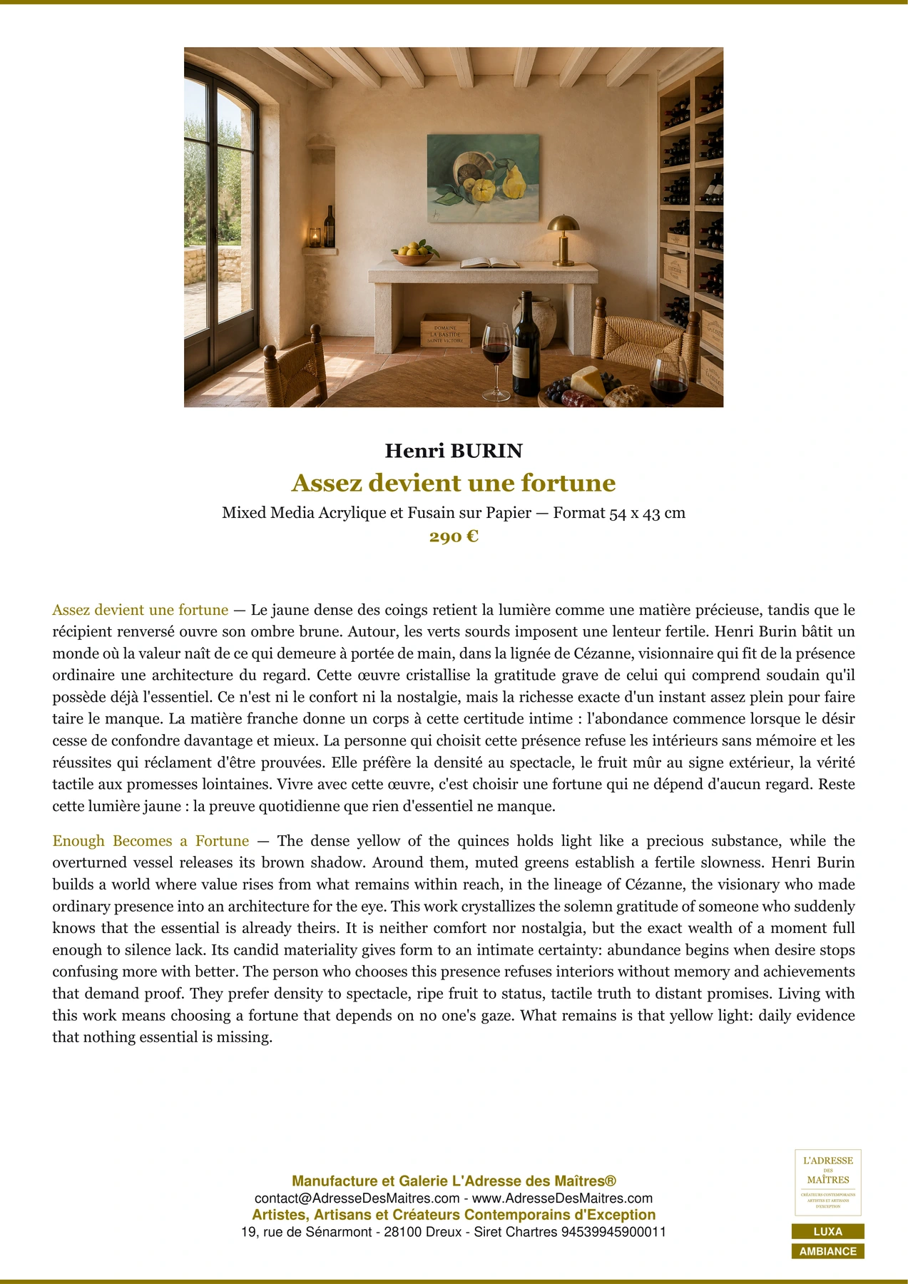 Fiche Premium Ambiance — Assez devient une fortune — Henri BURIN — L'Adresse des Maîtres®