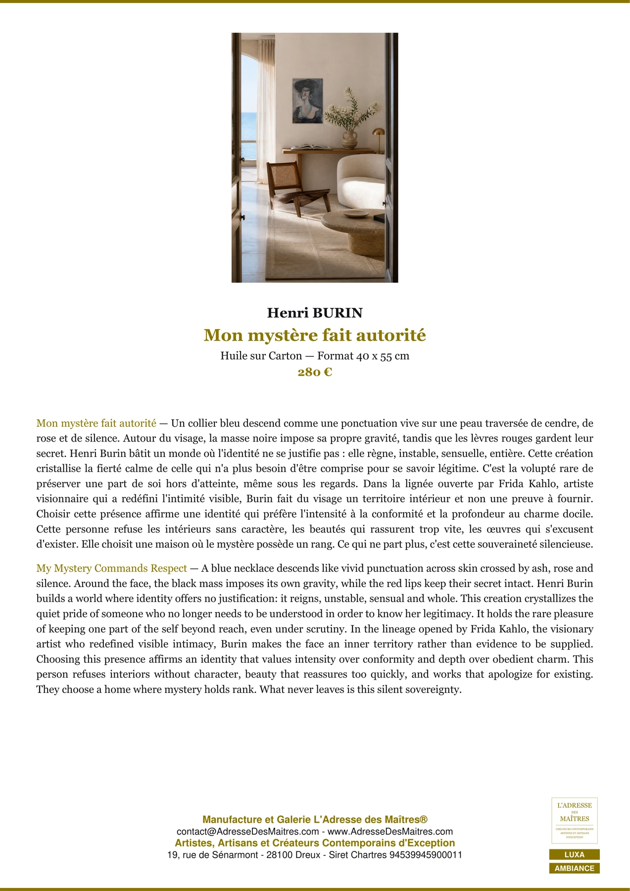 Fiche Premium Ambiance — Mon mystère fait autorité — Henri BURIN — L'Adresse des Maîtres®