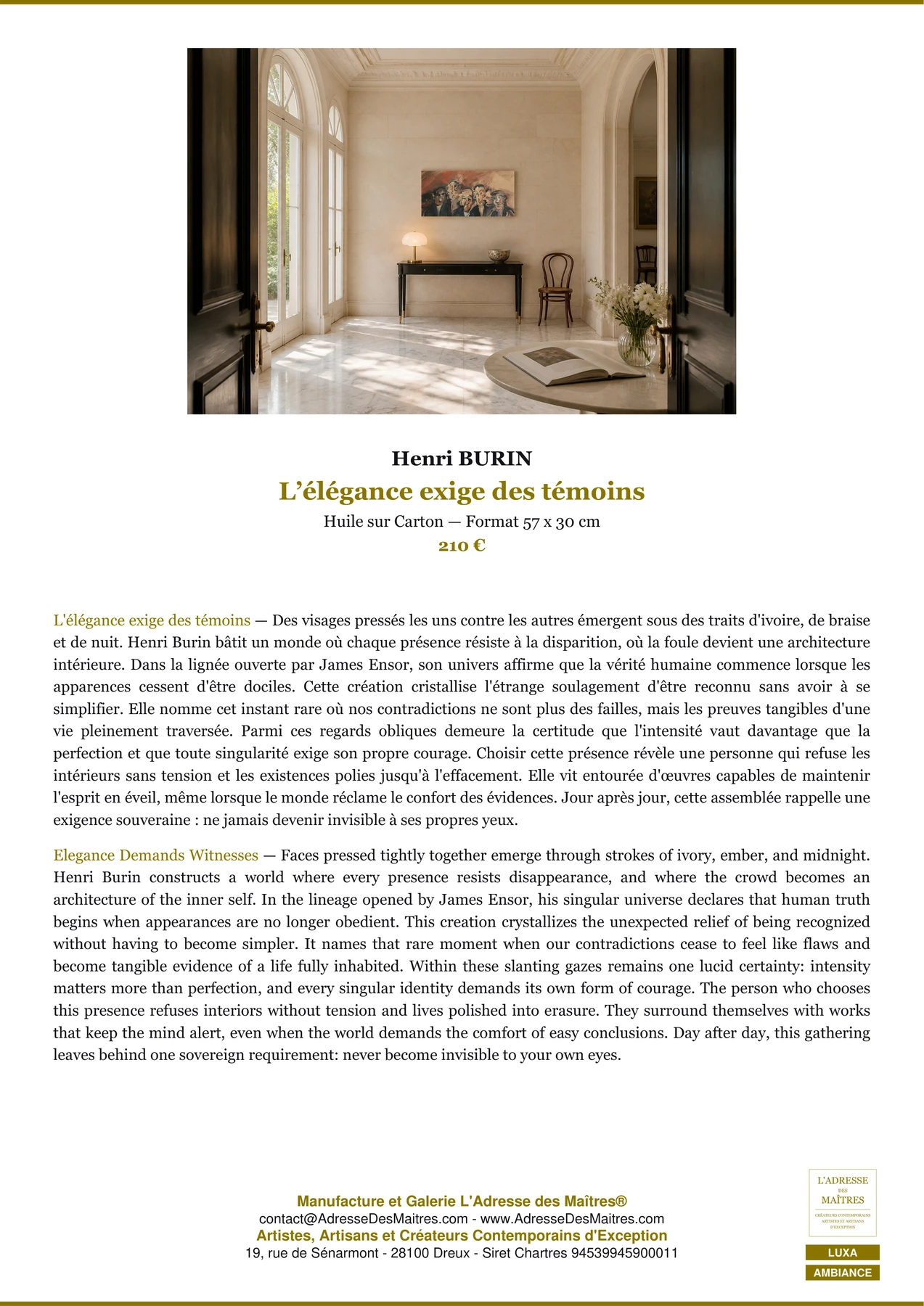 Fiche Premium Ambiance — L’élégance exige des témoins — Henri BURIN — L'Adresse des Maîtres®