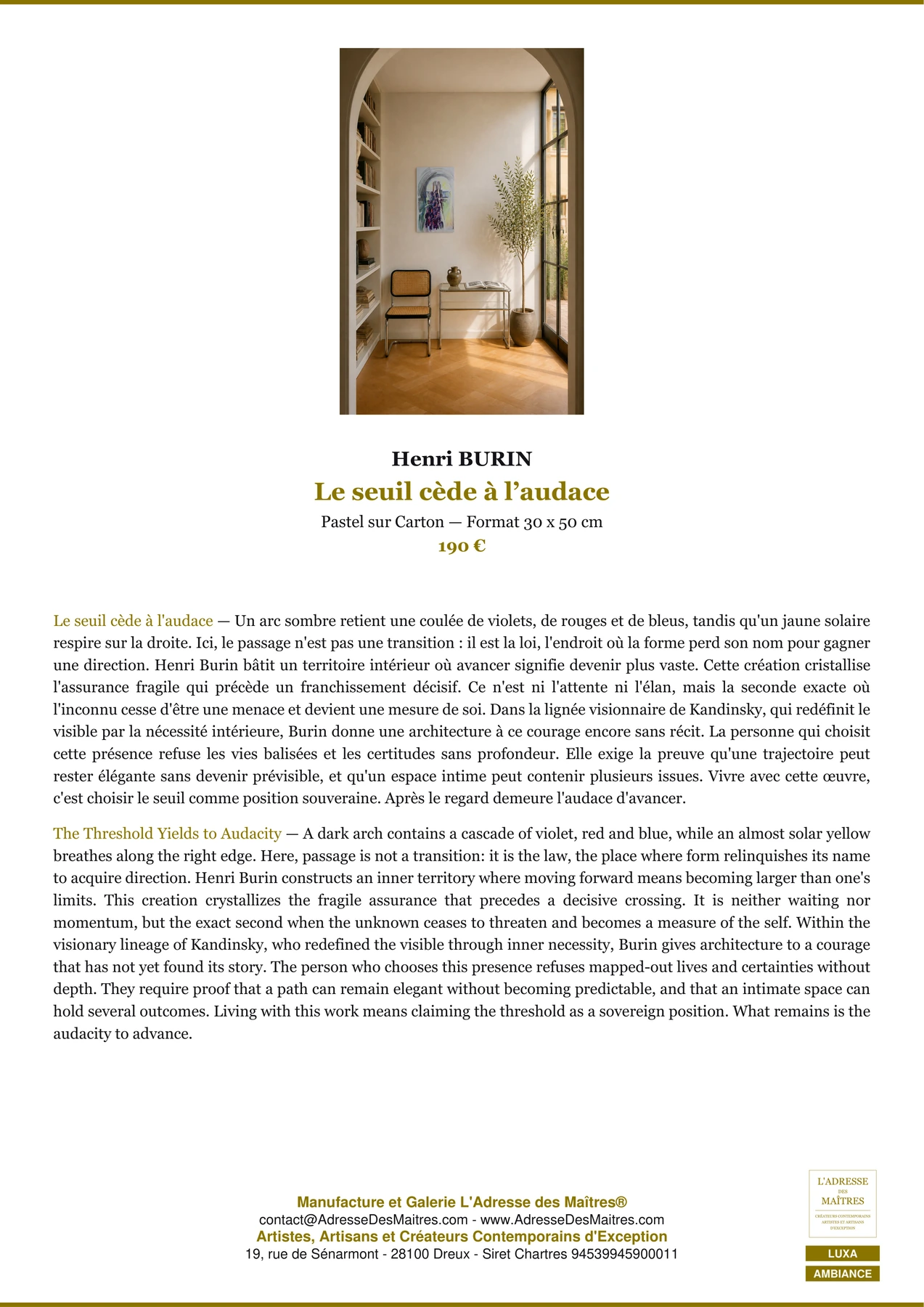 Fiche Premium Ambiance — Le seuil cède à l’audace — Henri BURIN — L'Adresse des Maîtres®