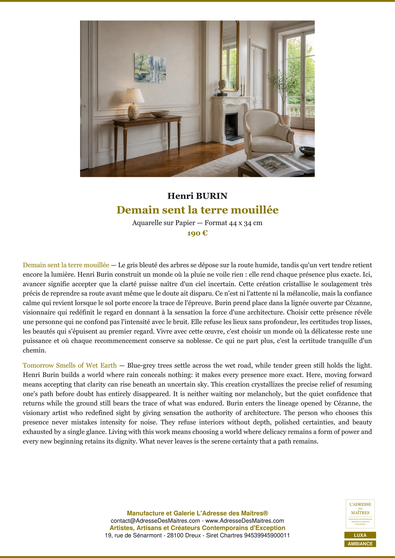 Fiche Premium Ambiance — Demain sent la terre mouillée — Henri BURIN — L'Adresse des Maîtres®