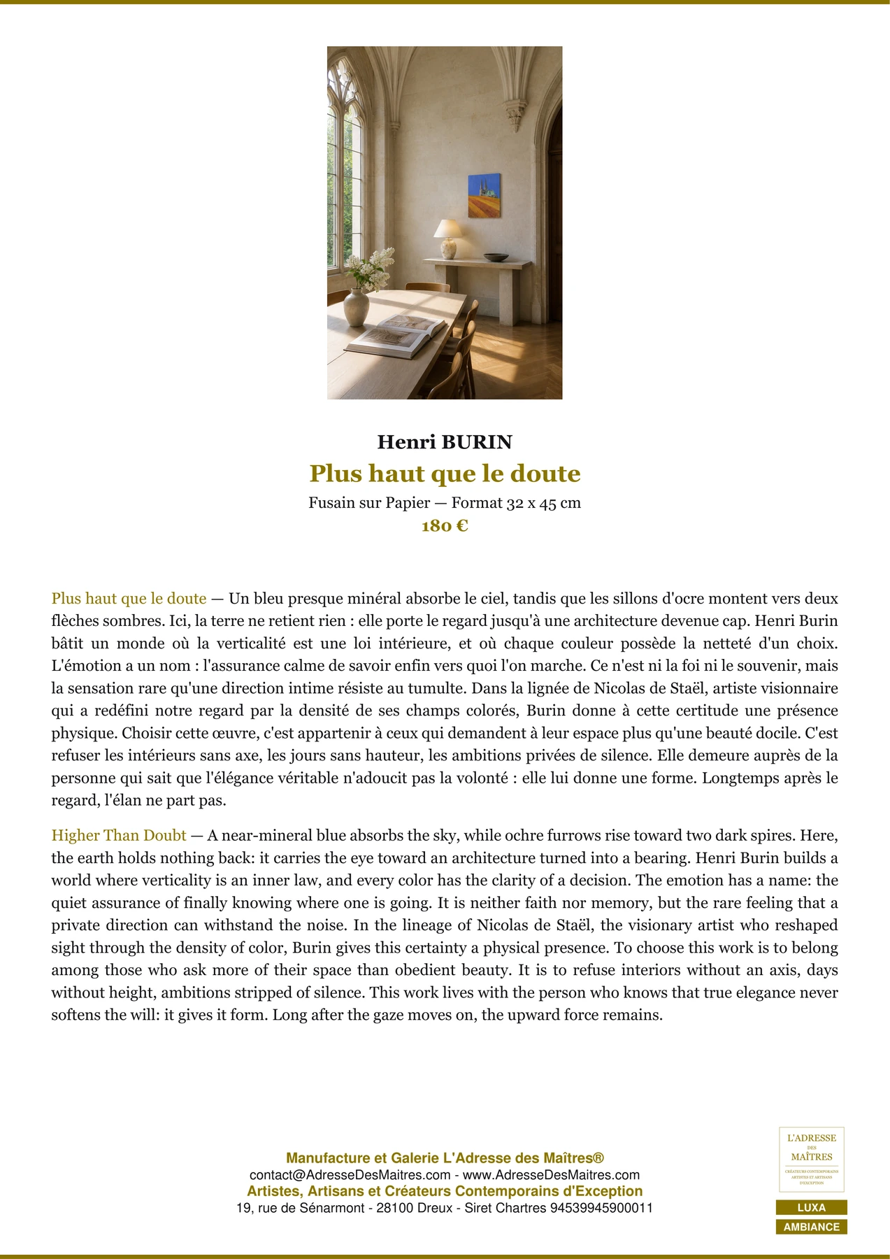 Fiche Premium Ambiance — Plus haut que le doute — Henri BURIN — L'Adresse des Maîtres®