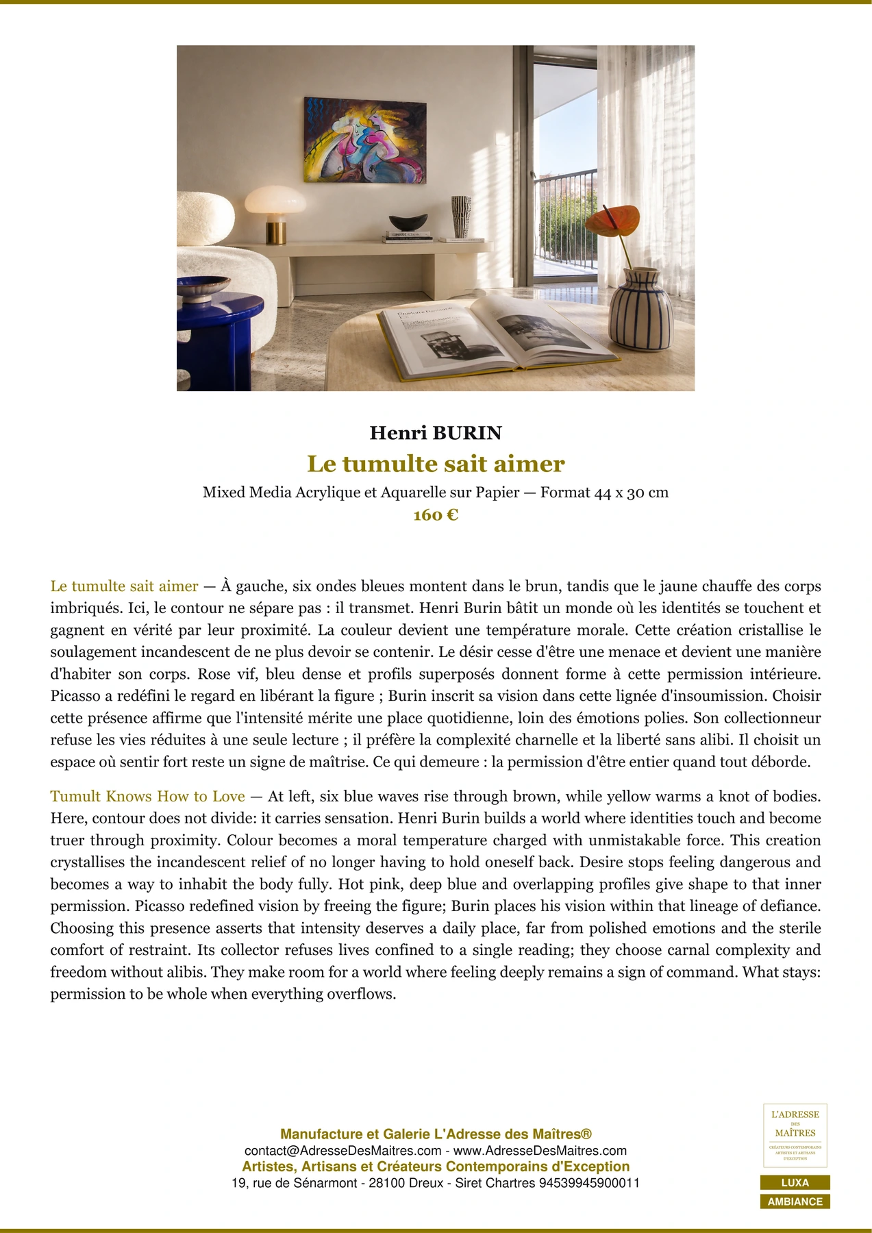 Fiche Premium Ambiance — Le tumulte sait aimer — Henri BURIN — L'Adresse des Maîtres®