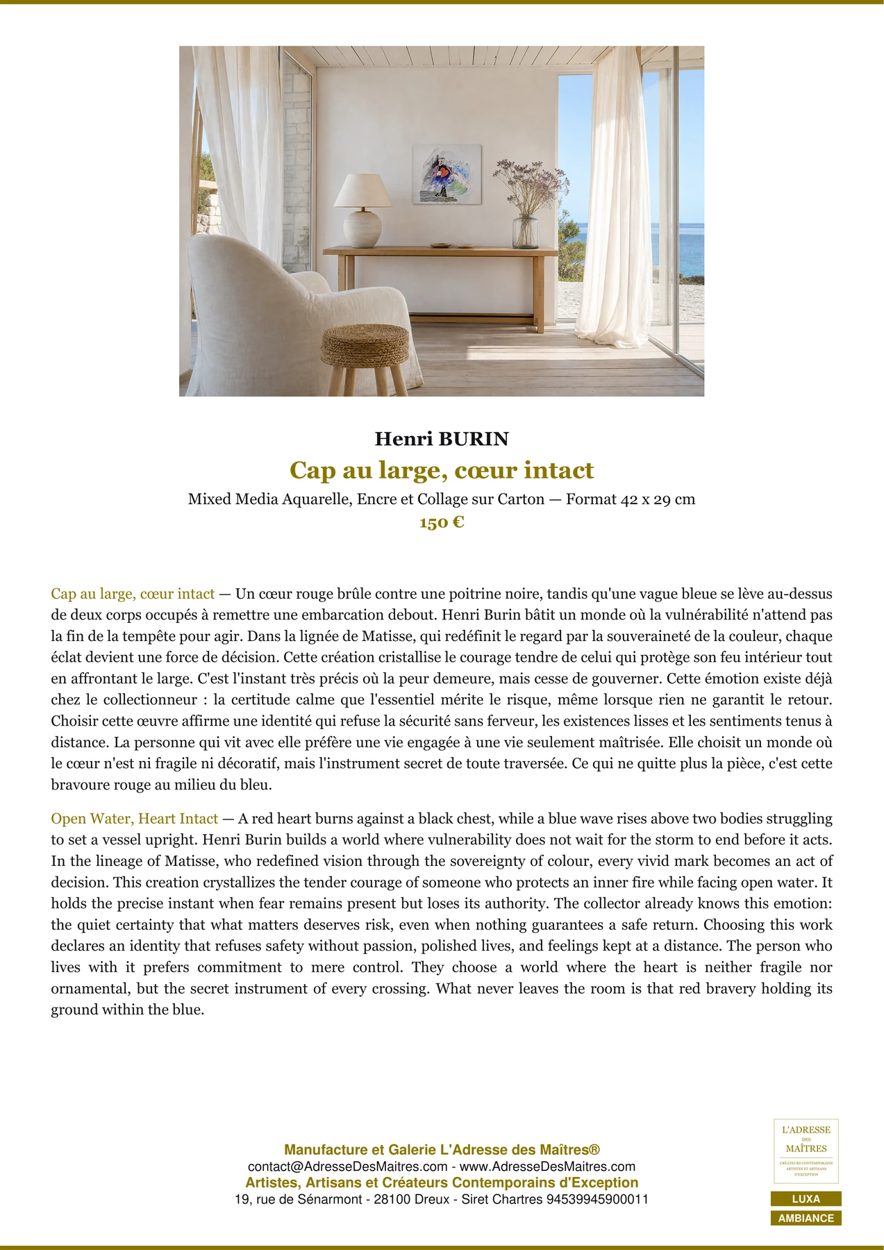 Fiche Premium Ambiance - Cap au large, cœur intact - Henri BURIN - L'Adresse des Maîtres®