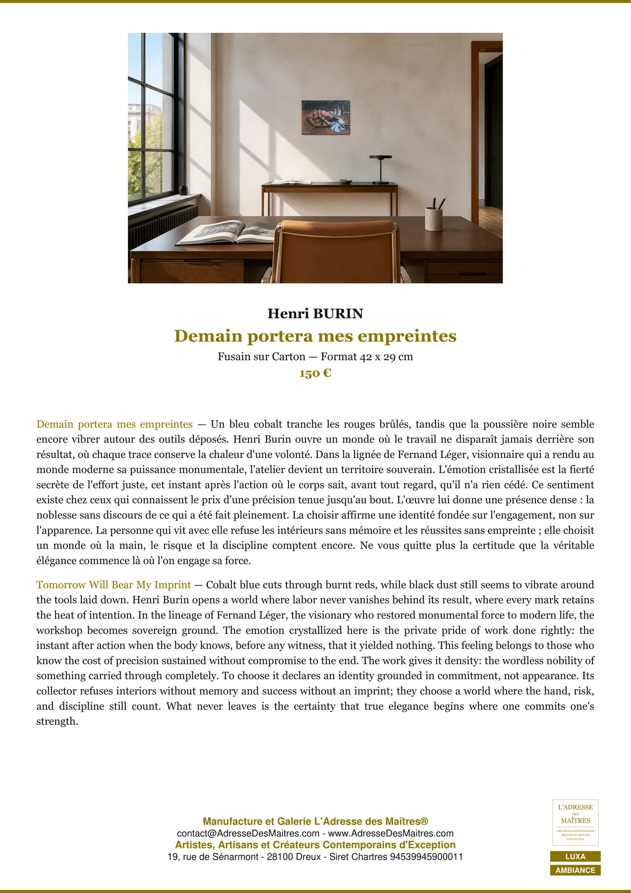 Fiche Premium Ambiance — Demain portera mes empreintes — Henri BURIN — L'Adresse des Maîtres®