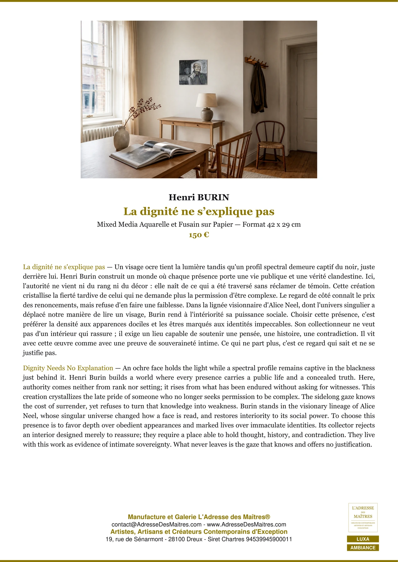 Fiche Premium Ambiance — La dignité ne s’explique pas — Henri BURIN — L'Adresse des Maîtres®