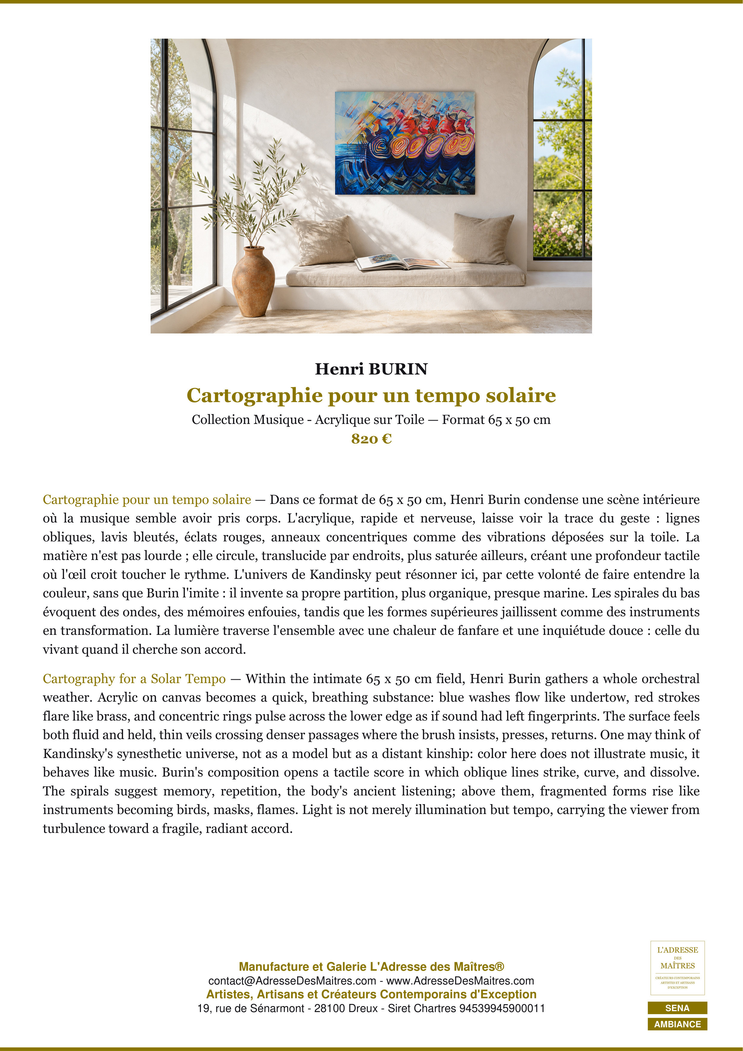 Fiche Premium Ambiance — Cartographie pour un tempo solaire — Henri BURIN — L'Adresse des Maîtres®