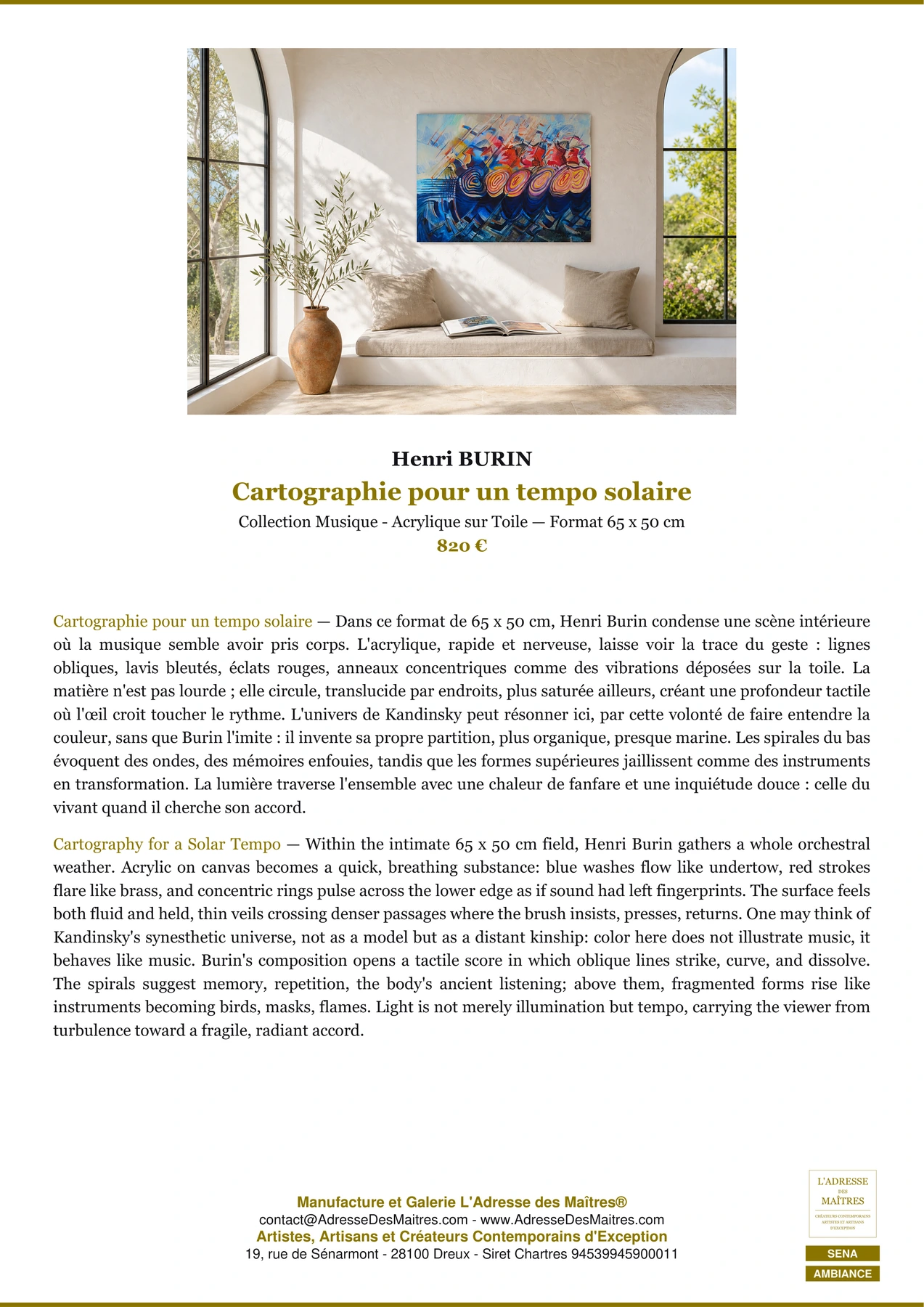 Fiche Premium Ambiance — Cartographie pour un tempo solaire — Henri BURIN — L'Adresse des Maîtres®