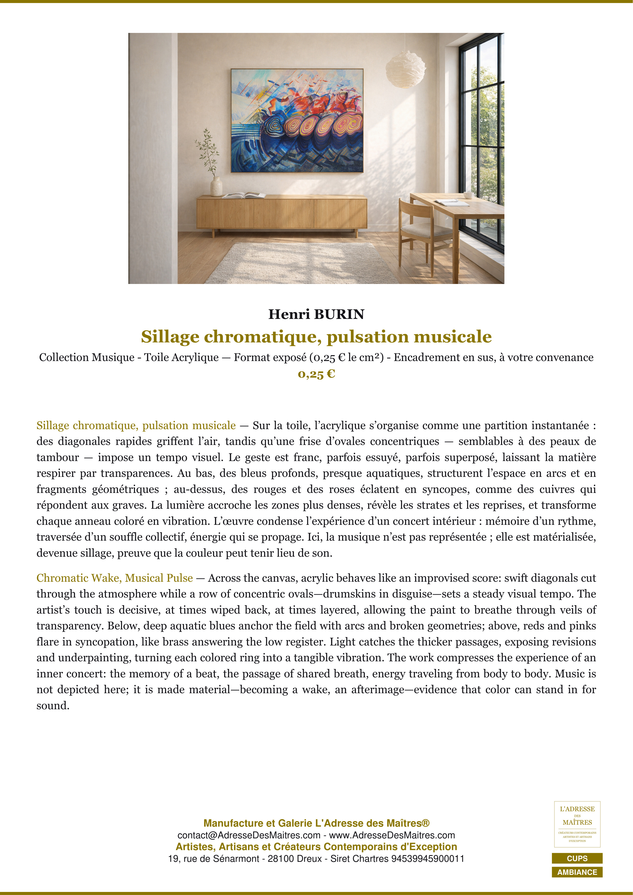 Fiche Premium Ambiance — Sillage chromatique, pulsation musicale — Henri BURIN — L'Adresse des Maîtres®