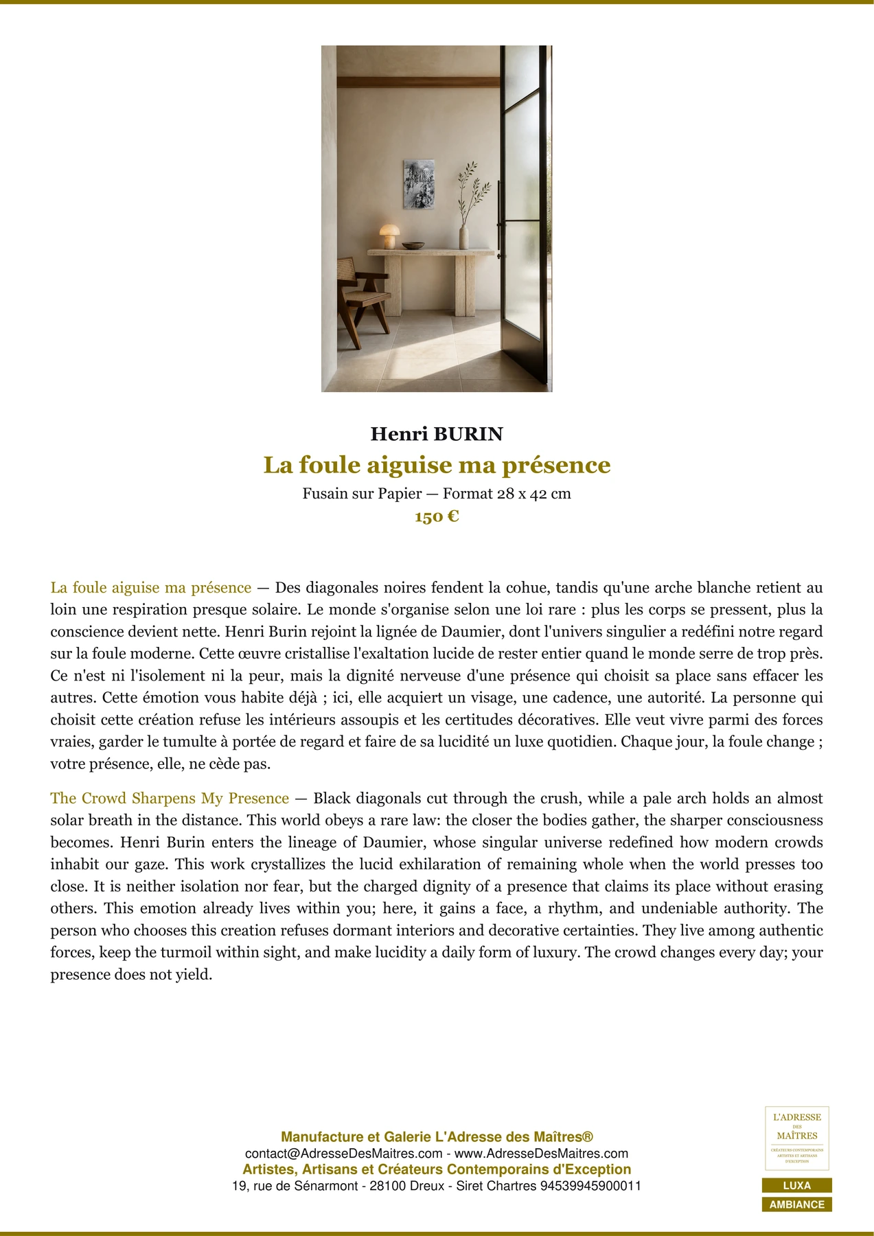 Fiche Premium Ambiance — La foule aiguise ma présence — Henri BURIN — L'Adresse des Maîtres®