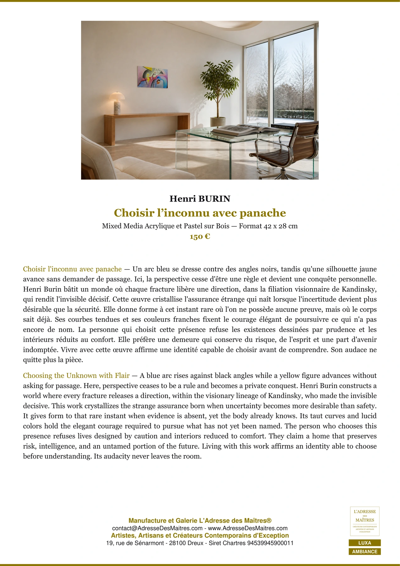 Fiche Premium Ambiance — Choisir l’inconnu avec panache — Henri BURIN — L'Adresse des Maîtres®