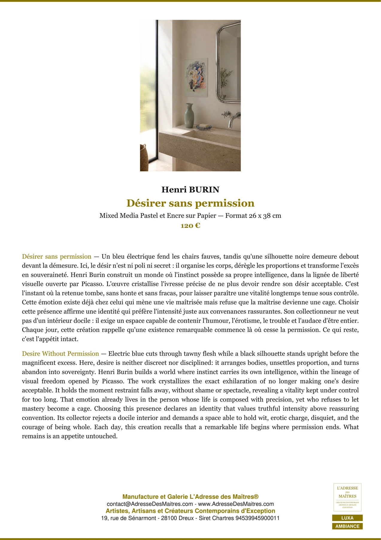 Fiche Premium Ambiance — Désirer sans permission — Henri BURIN — L'Adresse des Maîtres®
