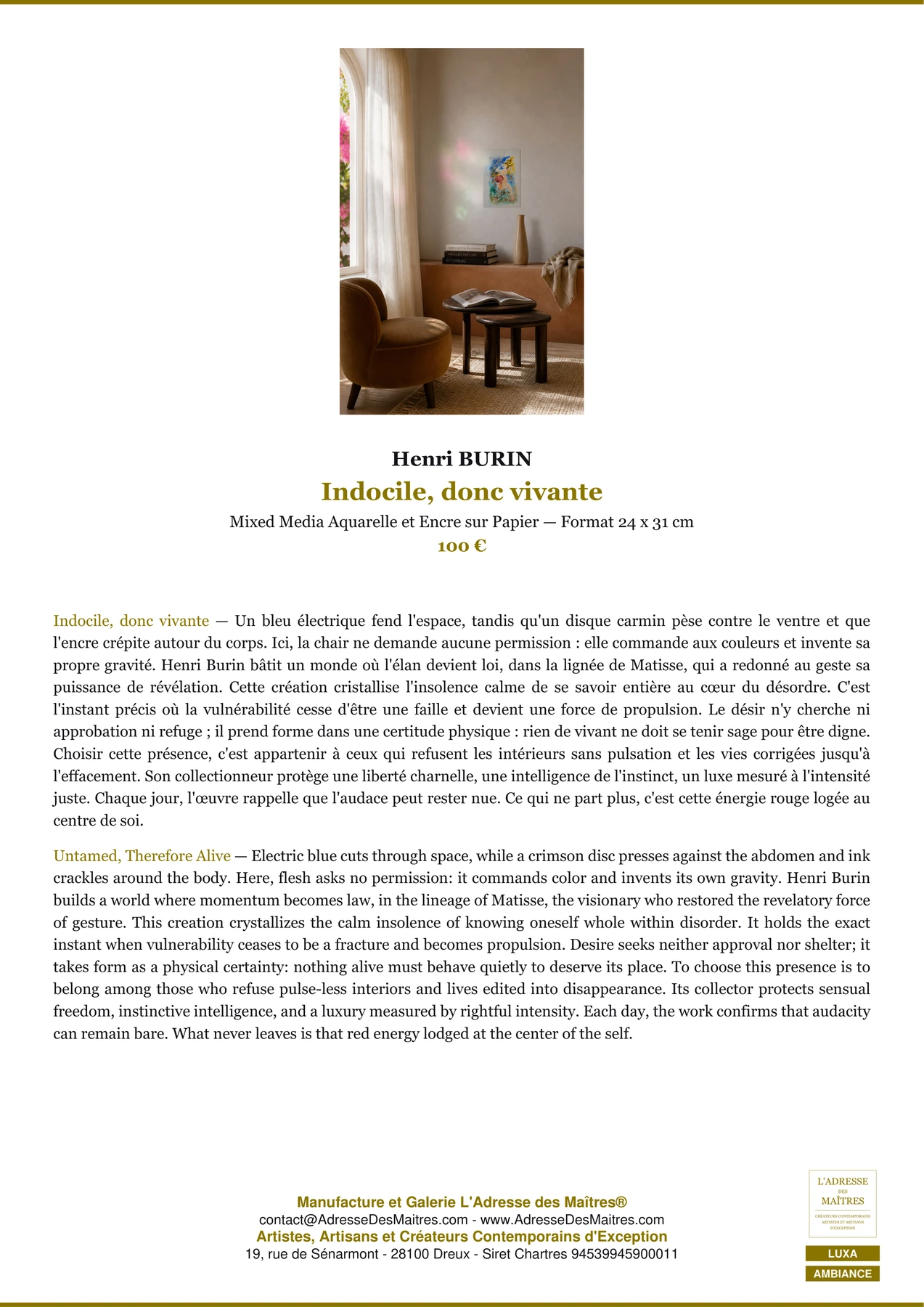 Fiche Premium Ambiance — Indocile, donc vivante — Henri BURIN — L'Adresse des Maîtres®