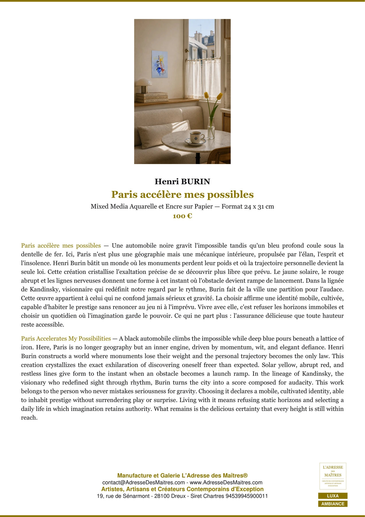 Fiche Premium Ambiance — Paris accélère mes possibles — Henri BURIN — L'Adresse des Maîtres®