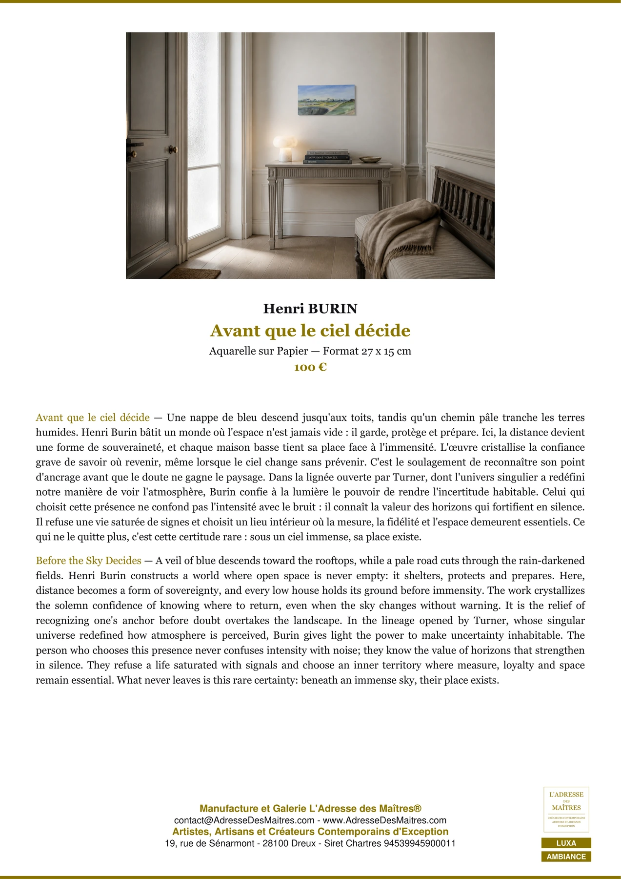 Fiche Premium Ambiance — Avant que le ciel décide — Henri BURIN — L'Adresse des Maîtres®