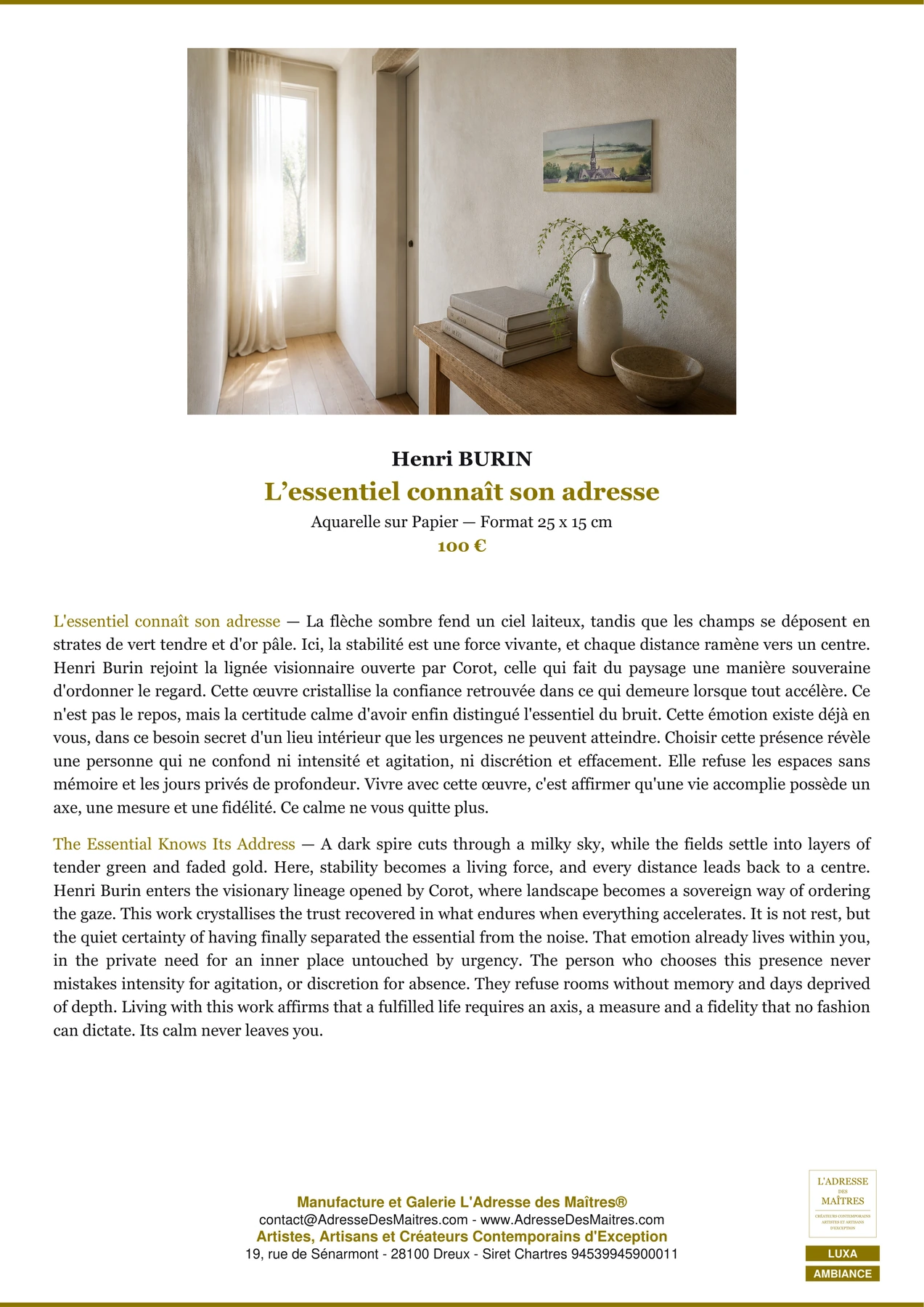 Fiche Premium Ambiance — L’essentiel connaît son adresse — Henri BURIN — L'Adresse des Maîtres®