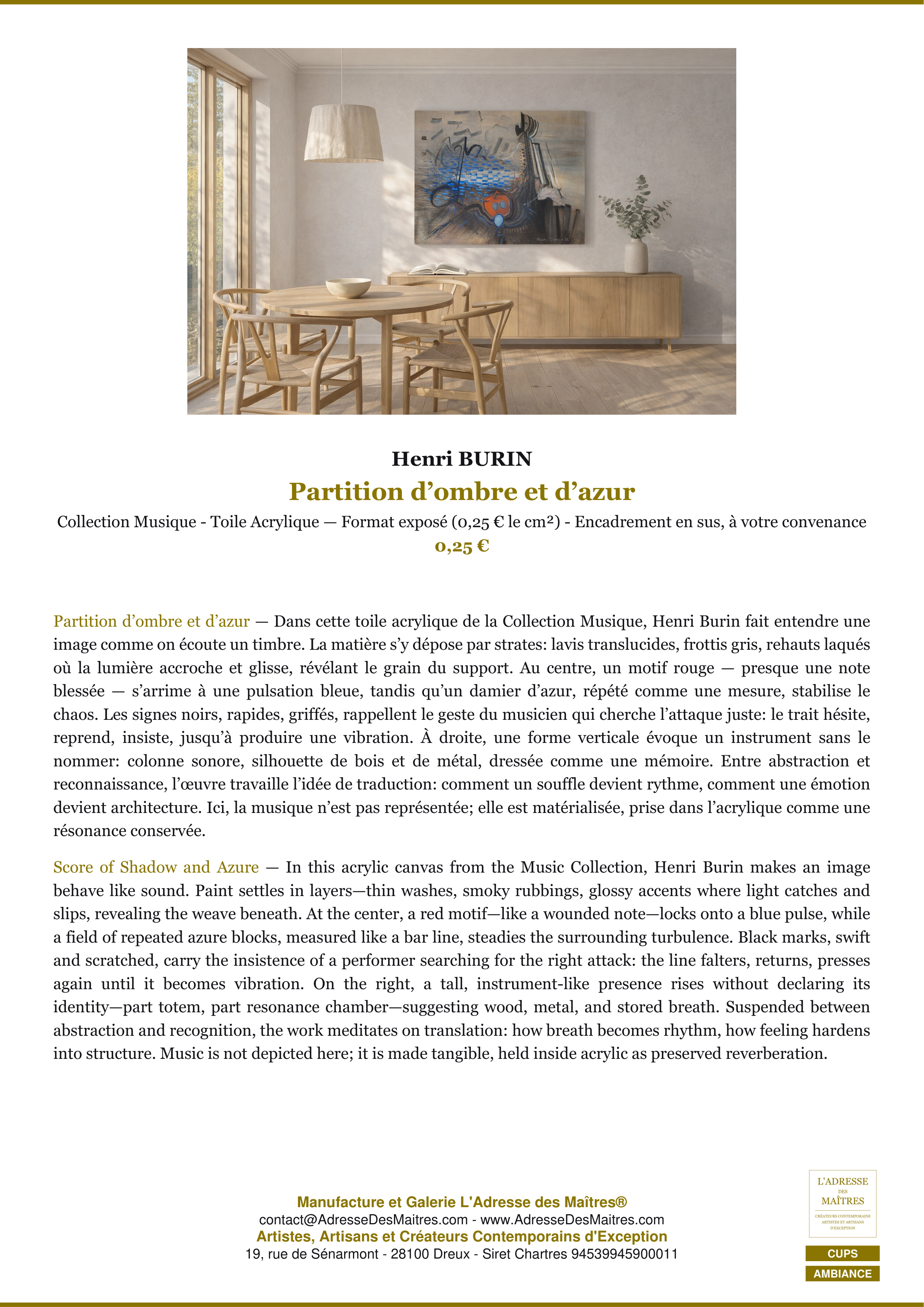 Fiche Premium Ambiance — Partition d’ombre et d’azur — Henri BURIN — L'Adresse des Maîtres®
