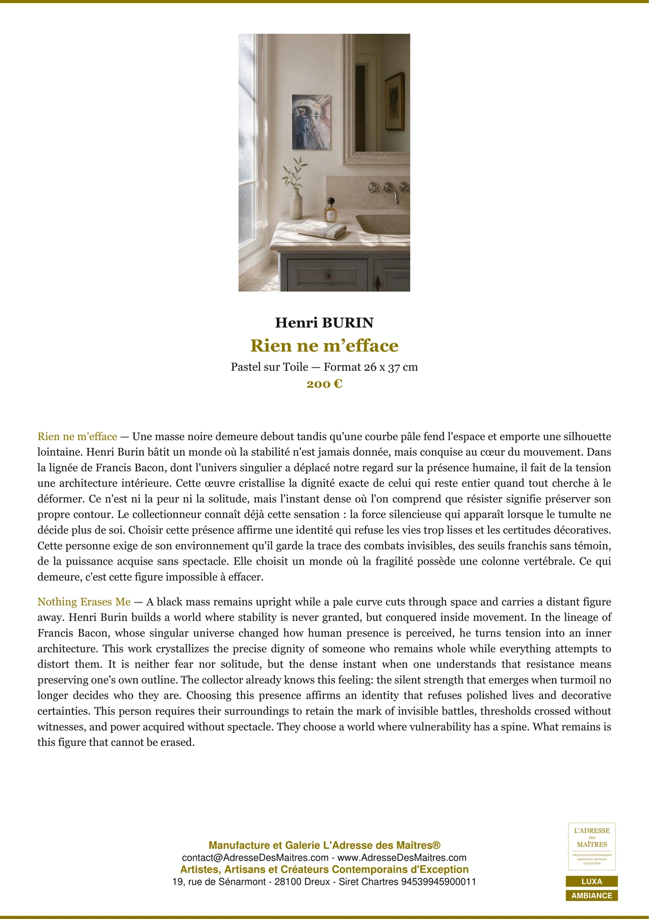 Fiche Premium Ambiance — Rien ne m’efface — Henri BURIN — L'Adresse des Maîtres®