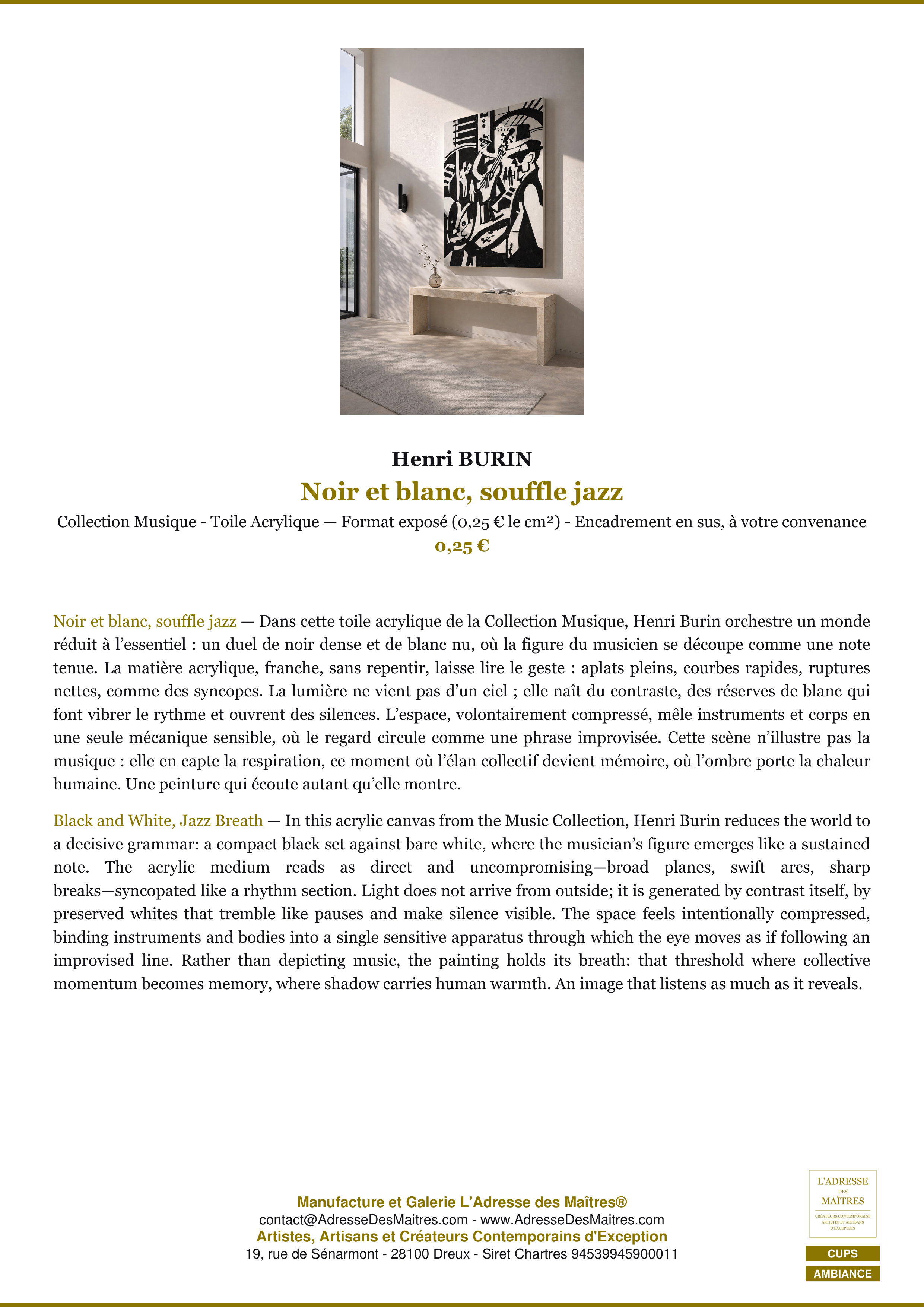 Fiche Premium Ambiance — Noir et blanc, souffle jazz — Henri BURIN — L'Adresse des Maîtres®