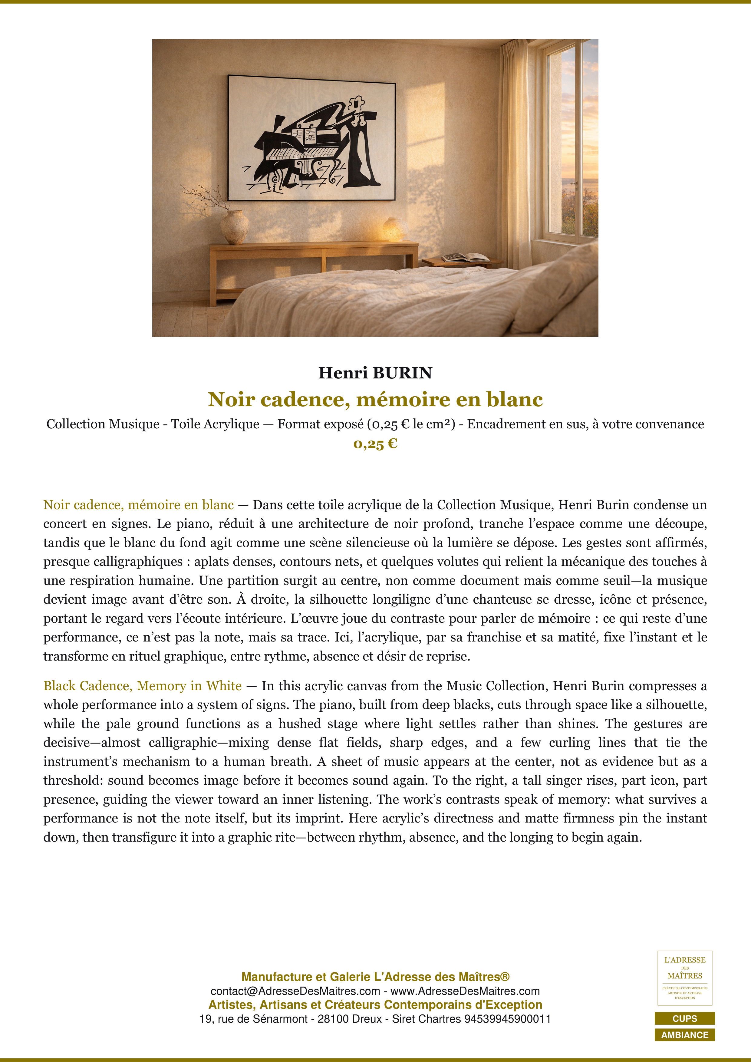 Fiche Premium Ambiance — Noir cadence, mémoire en blanc — Henri BURIN — L'Adresse des Maîtres®