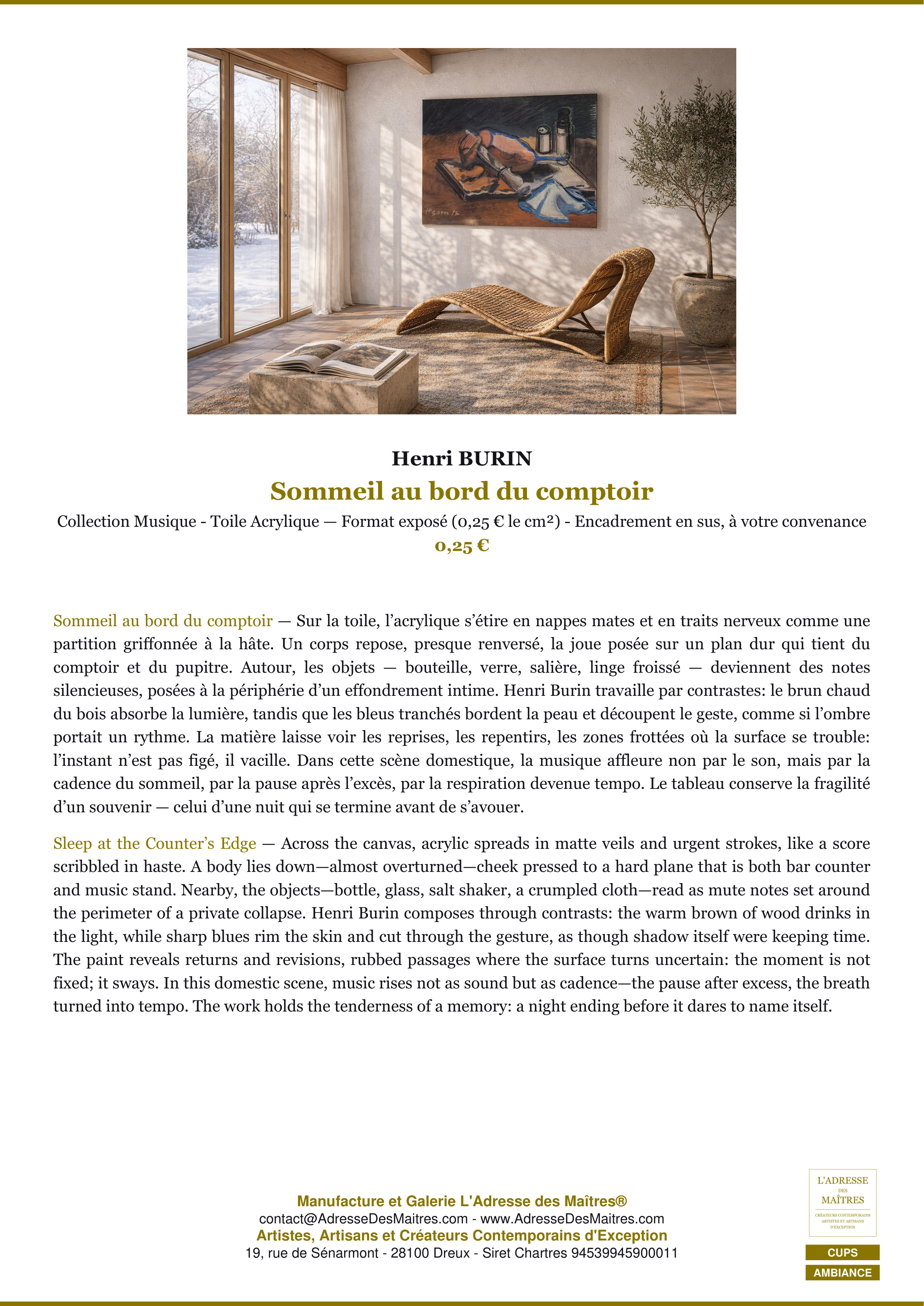 Fiche Premium Ambiance — Sommeil au bord du comptoir — Henri BURIN — L'Adresse des Maîtres®