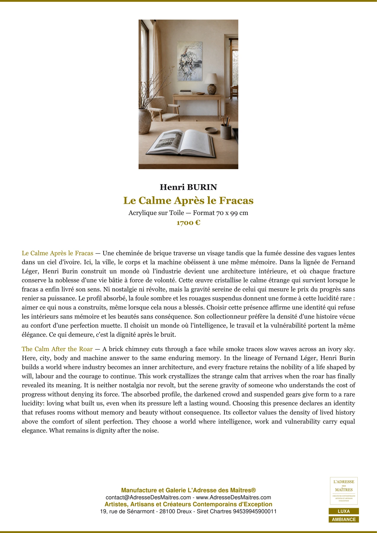Fiche Premium Ambiance — Le Calme Après le Fracas — Henri BURIN — L'Adresse des Maîtres®