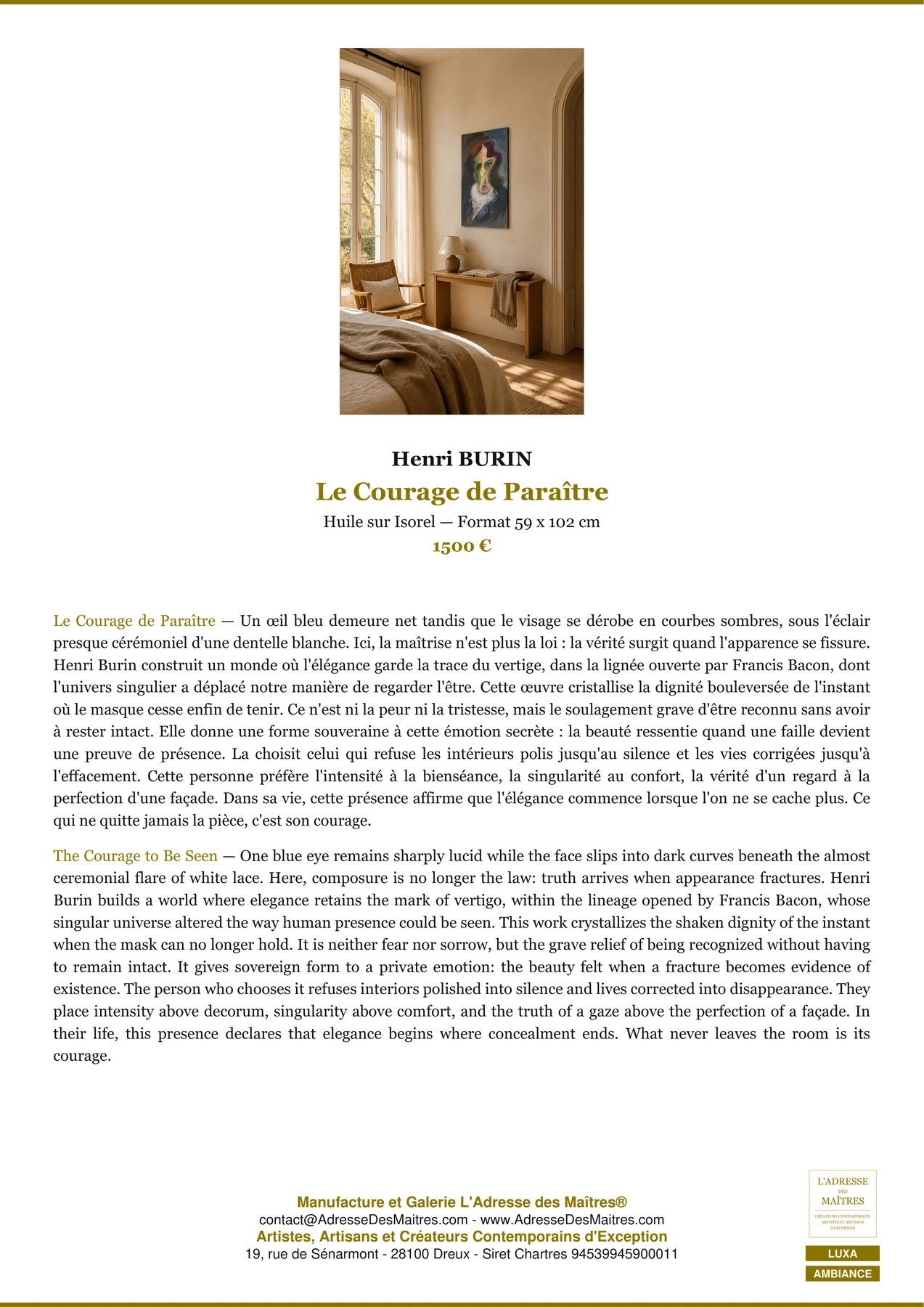 Fiche Premium Ambiance — Le Courage de Paraître — Henri BURIN — L'Adresse des Maîtres®