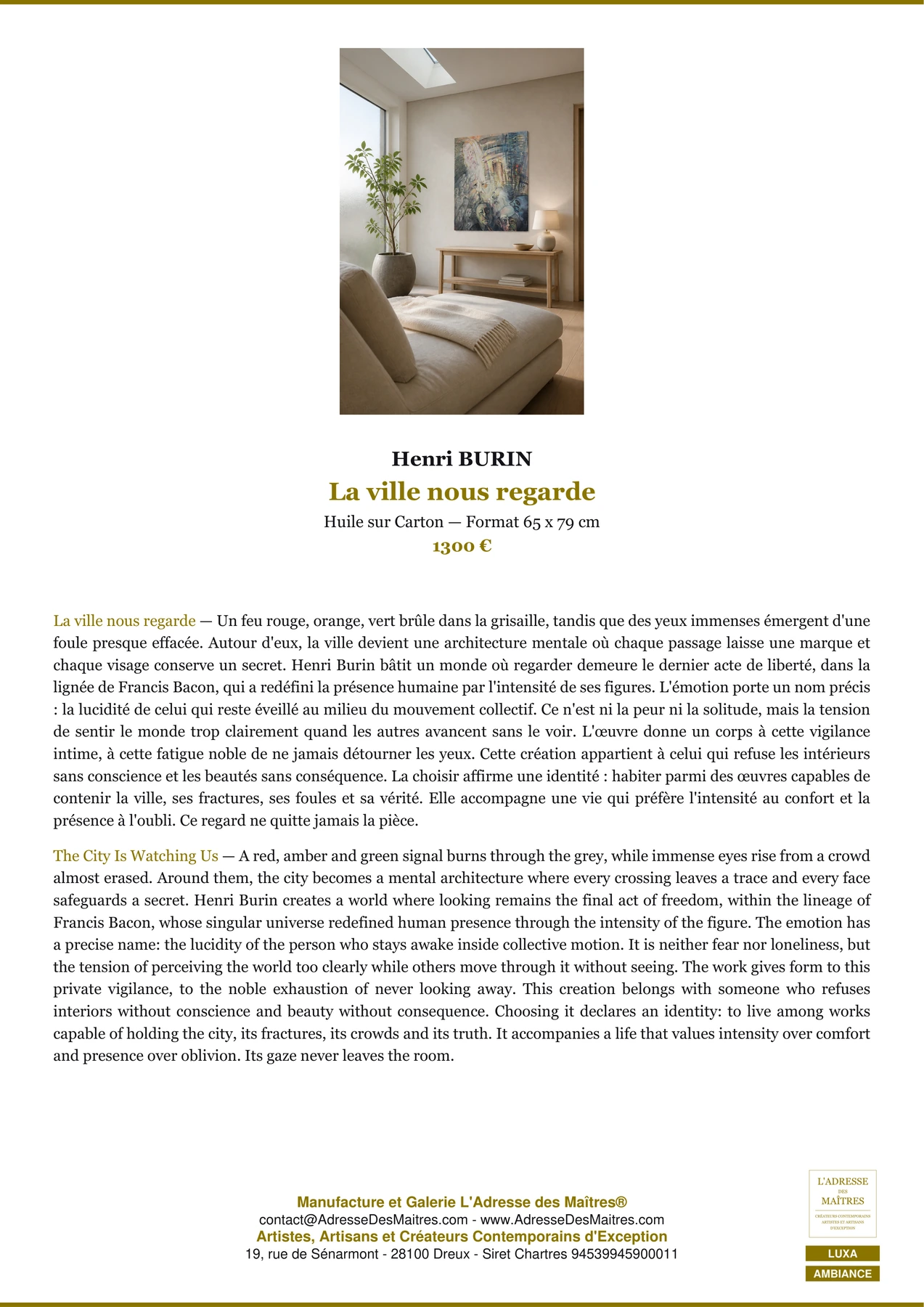 Fiche Premium Ambiance — La ville nous regarde — Henri BURIN — L'Adresse des Maîtres®