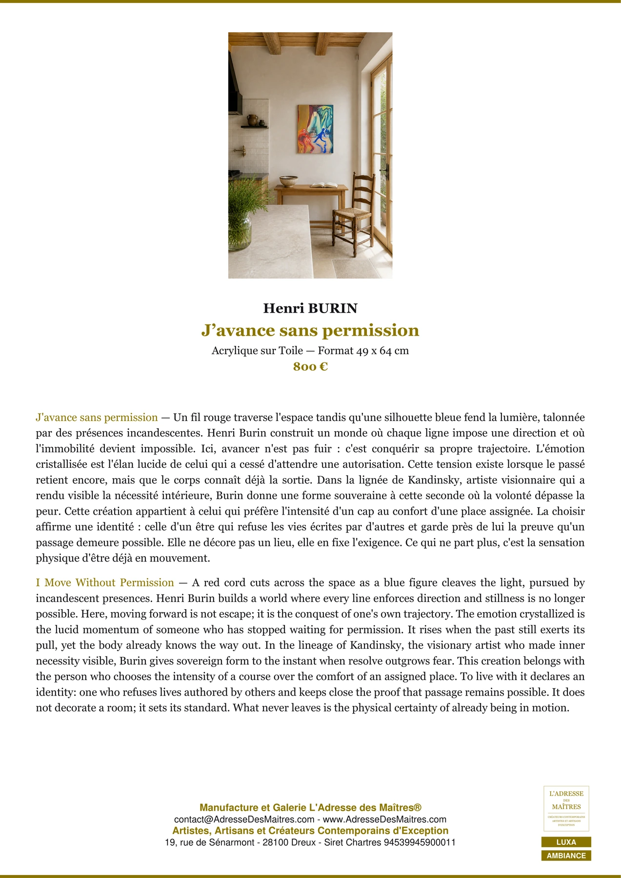Fiche Premium Ambiance — J’avance sans permission — Henri BURIN — L'Adresse des Maîtres®