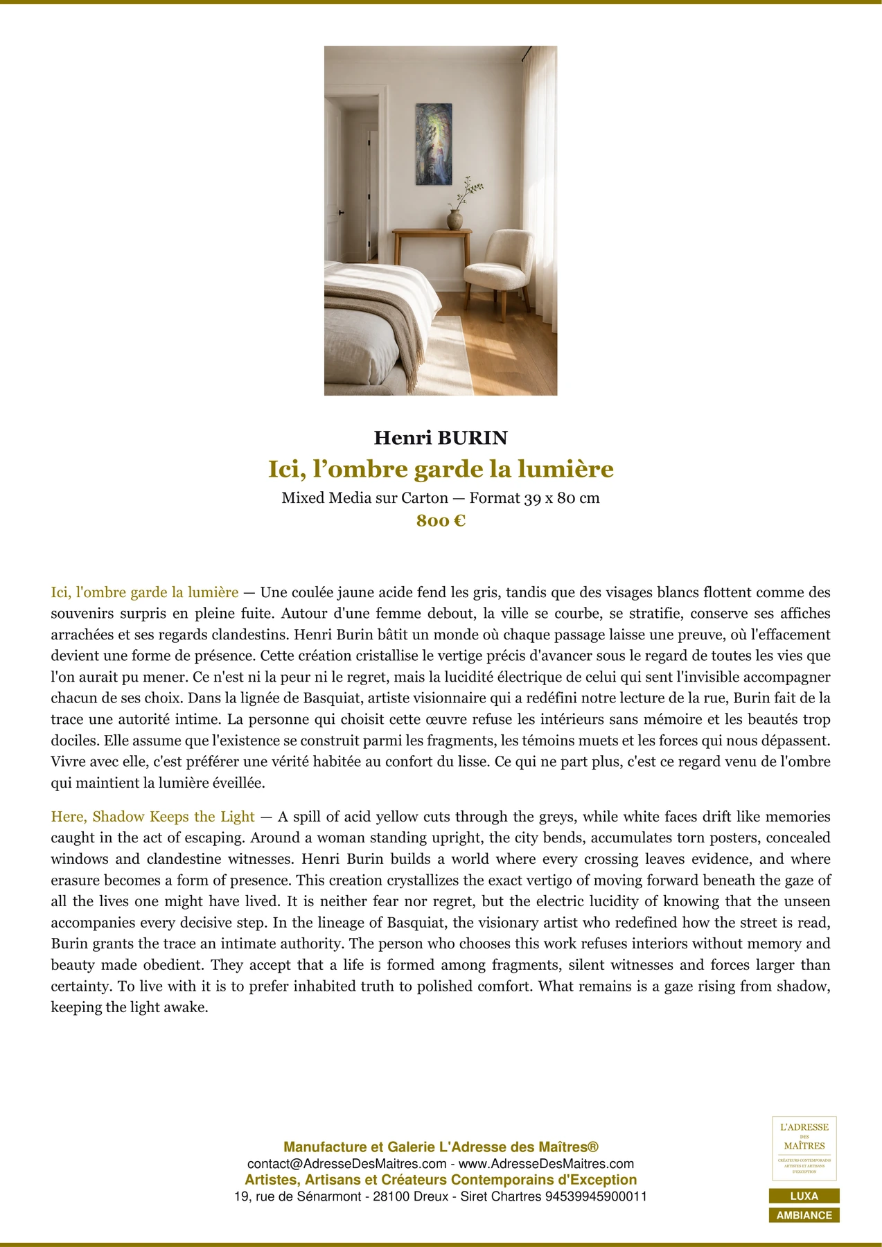 Fiche Premium Ambiance — Ici, l’ombre garde la lumière — Henri BURIN — L'Adresse des Maîtres®
