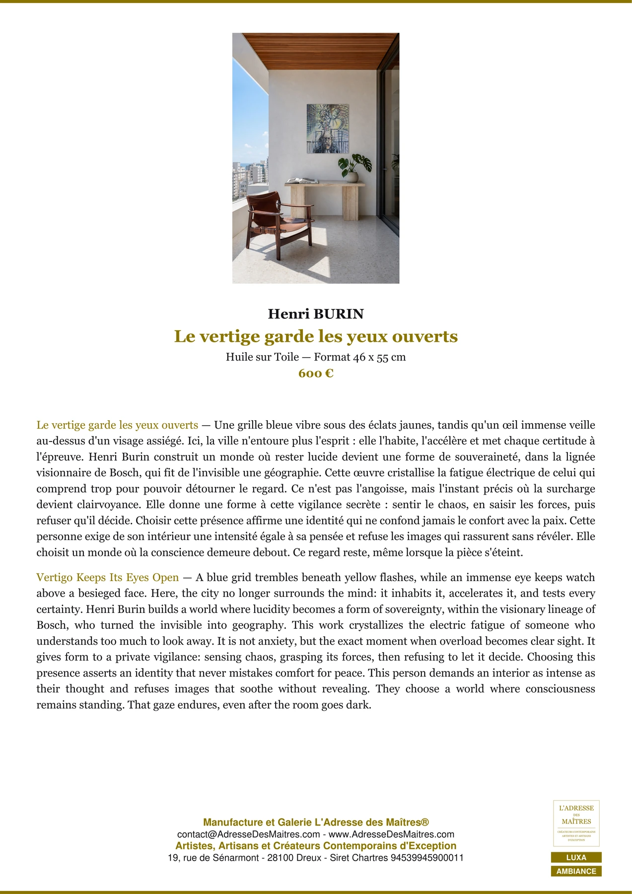 Fiche Premium Ambiance — Le vertige garde les yeux ouverts — Henri BURIN — L'Adresse des Maîtres®