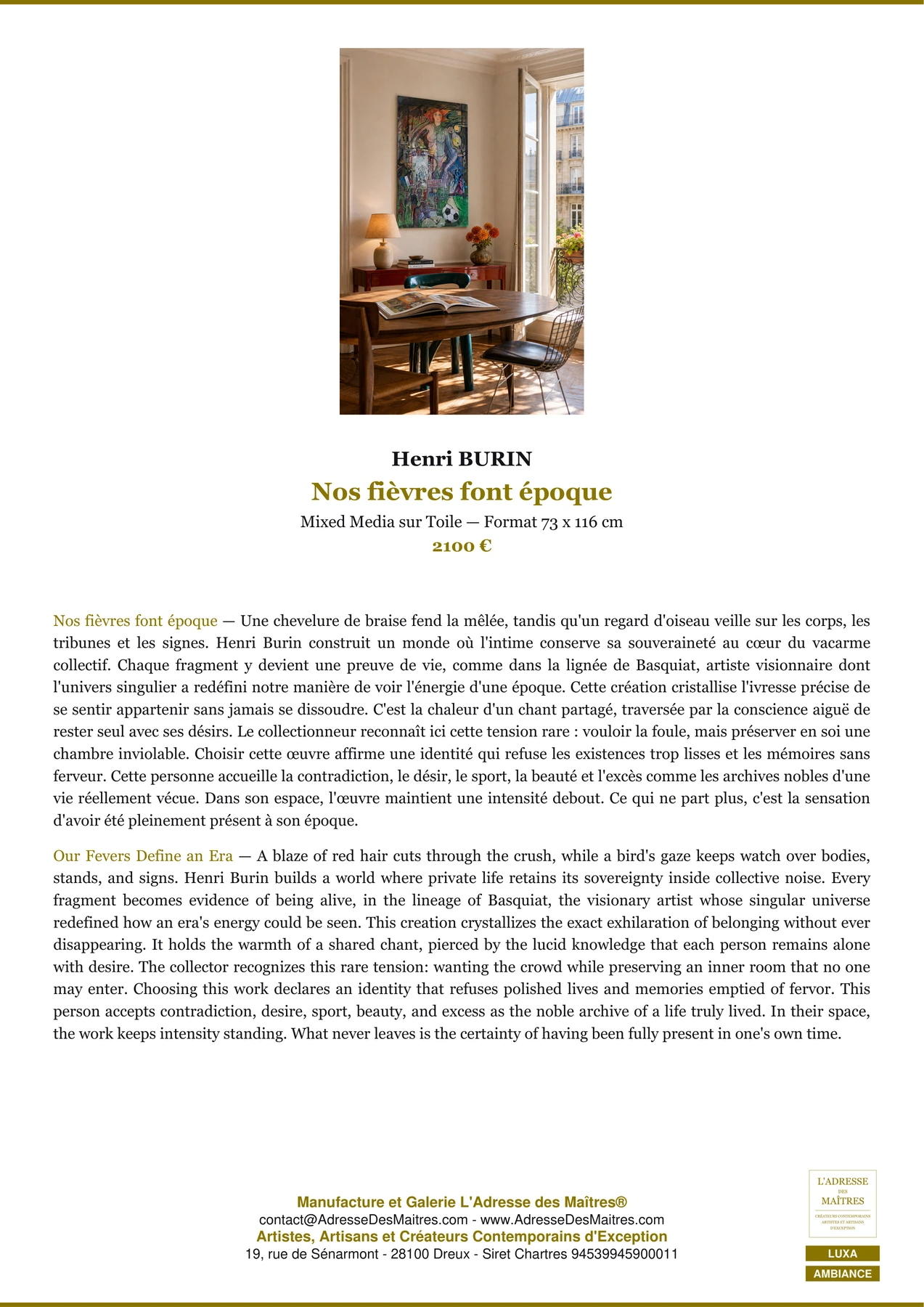 Fiche Premium Ambiance — Nos fièvres font époque — Henri BURIN — L'Adresse des Maîtres®