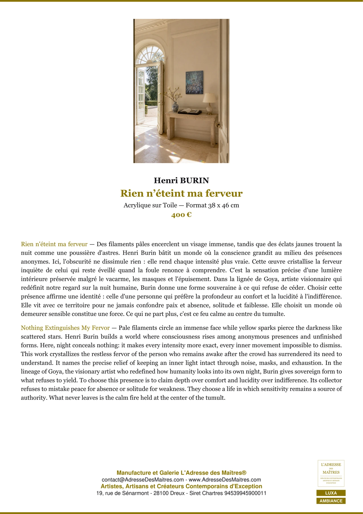 Fiche Premium Ambiance — Rien n’éteint ma ferveur — Henri BURIN — L'Adresse des Maîtres®