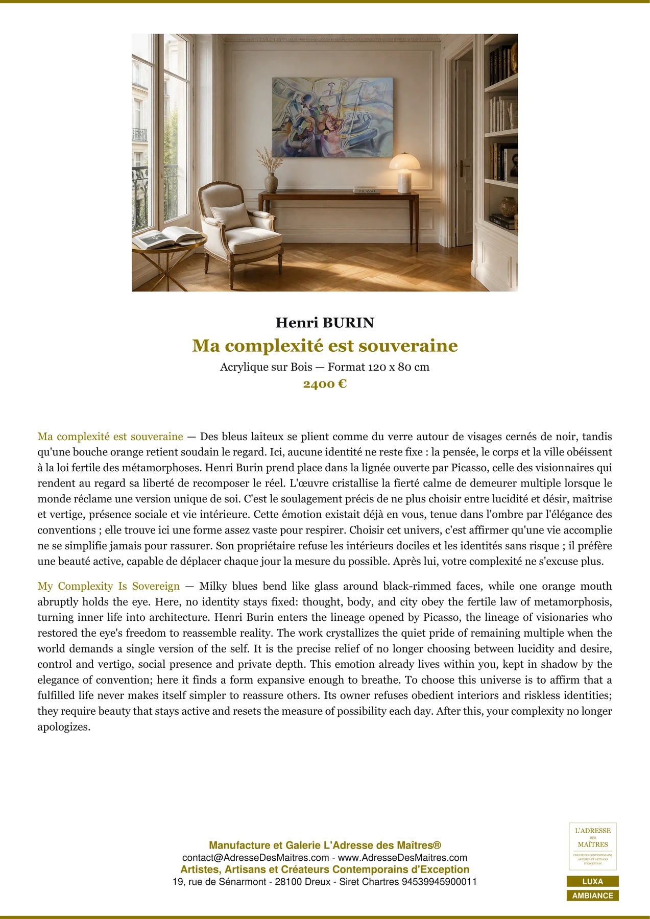 Fiche Premium Ambiance — Ma complexité est souveraine — Henri BURIN — L'Adresse des Maîtres®