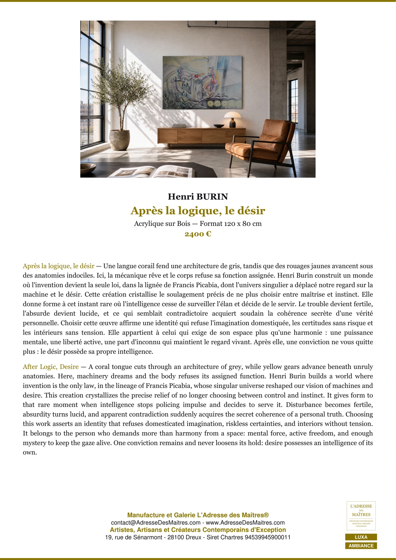 Fiche Premium Ambiance — Après la logique, le désir — Henri BURIN — L'Adresse des Maîtres®
