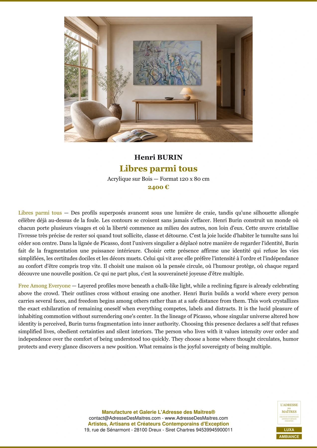 Fiche Premium Ambiance — Libres parmi tous — Henri BURIN — L'Adresse des Maîtres®