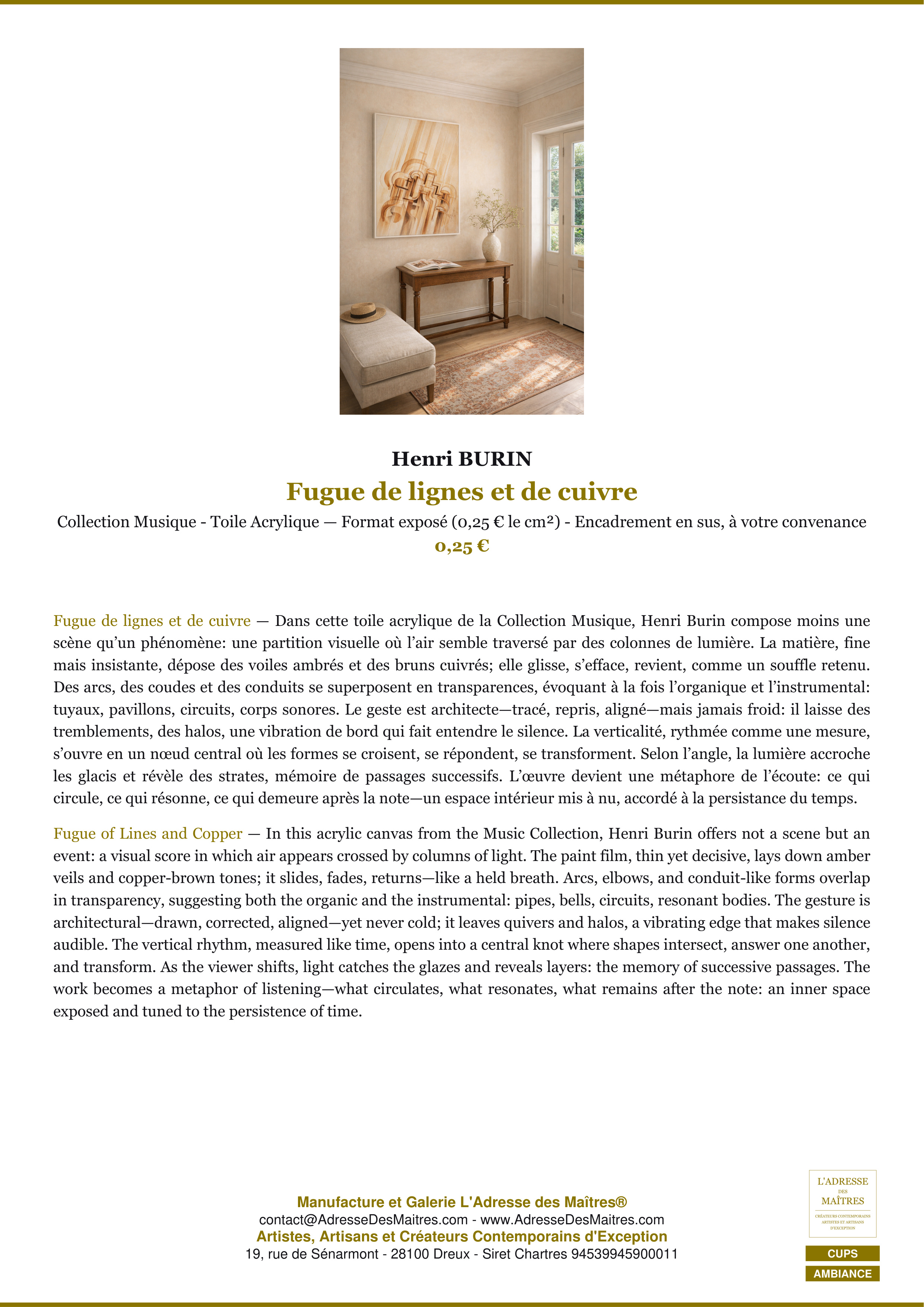 Fiche Premium Ambiance — Fugue de lignes et de cuivre — Henri BURIN — L'Adresse des Maîtres®