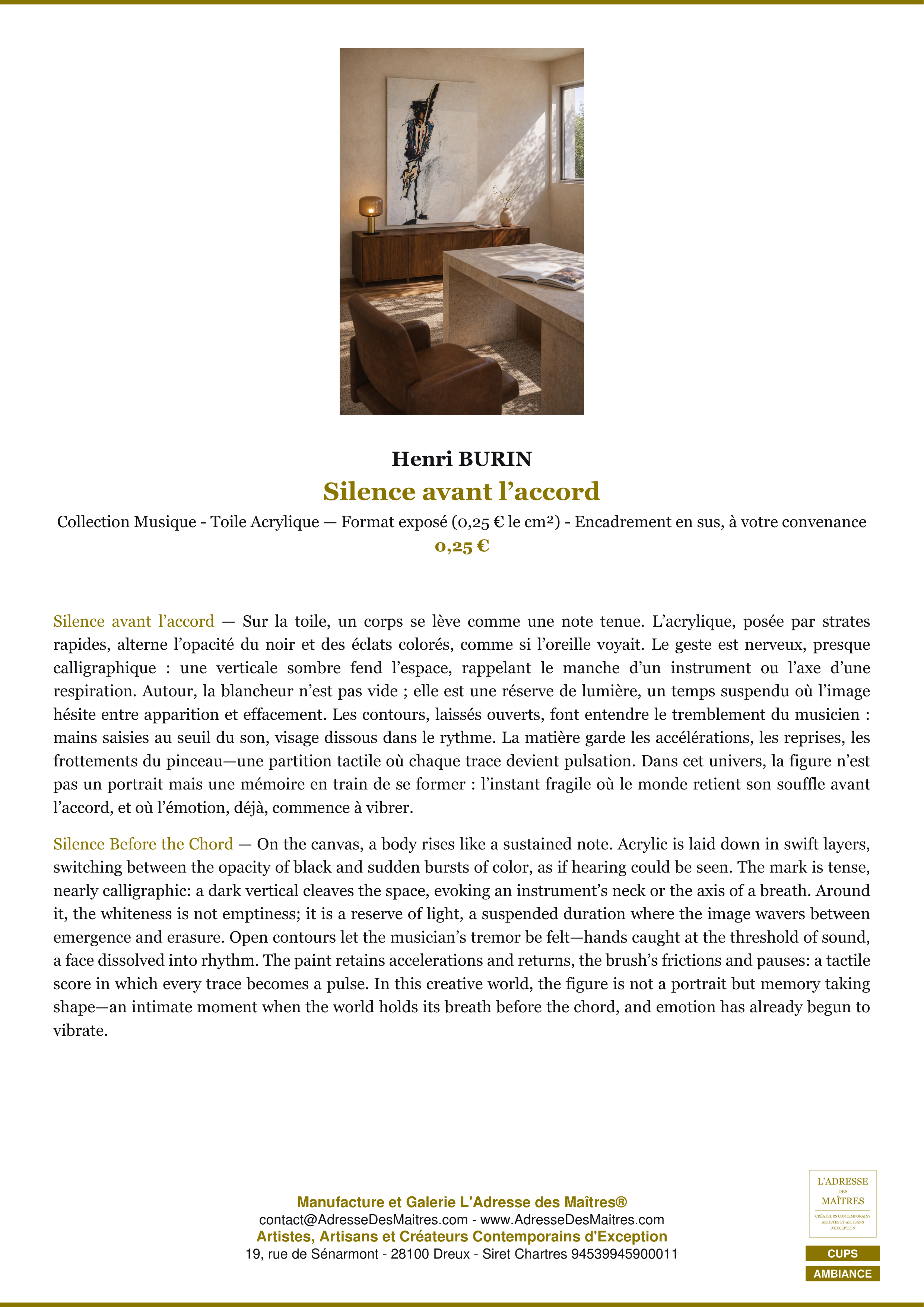 Fiche Premium Ambiance — Silence avant l’accord — Henri BURIN — L'Adresse des Maîtres®