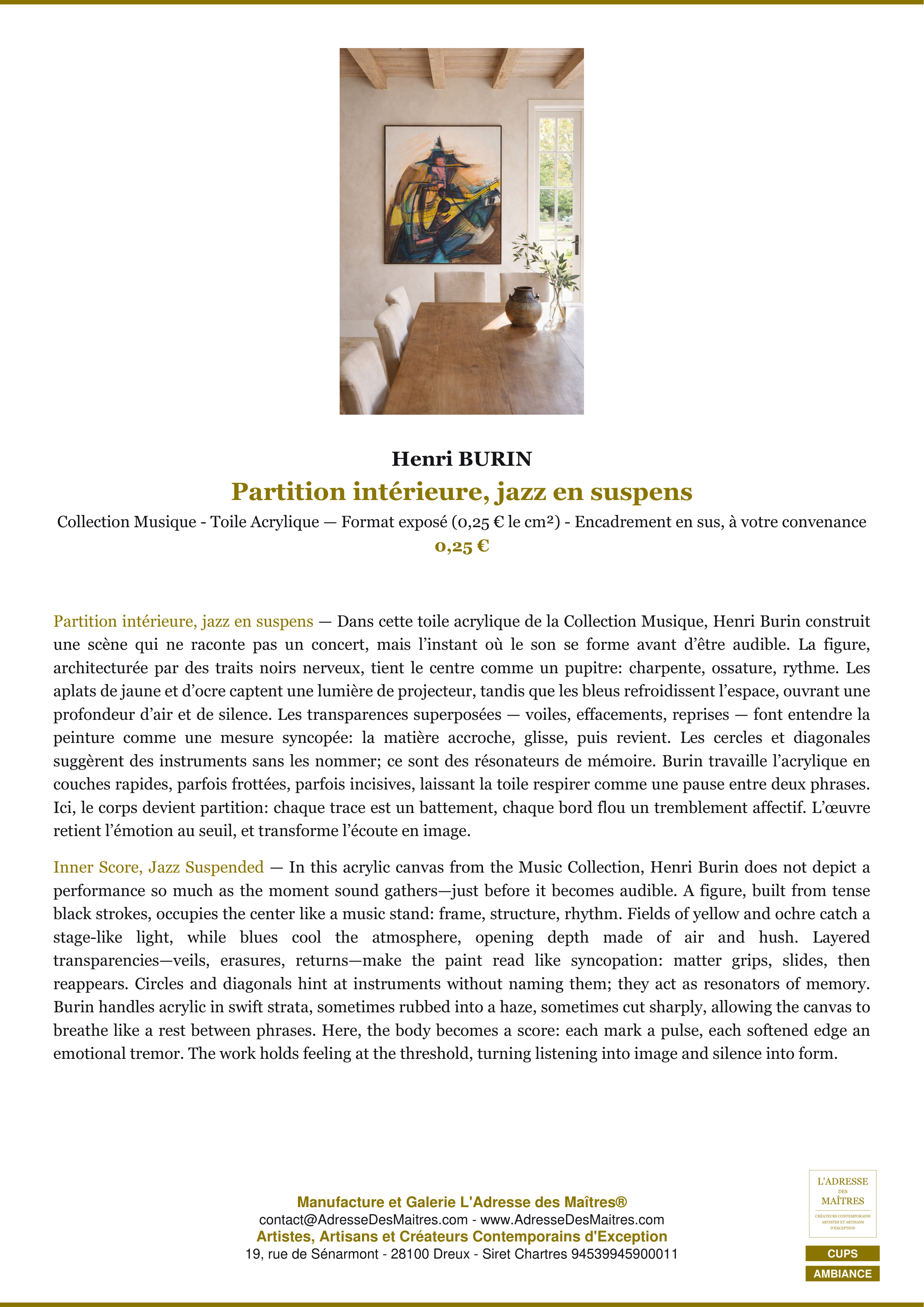 Fiche Premium Ambiance — Partition intérieure, jazz en suspens — Henri BURIN — L'Adresse des Maîtres®