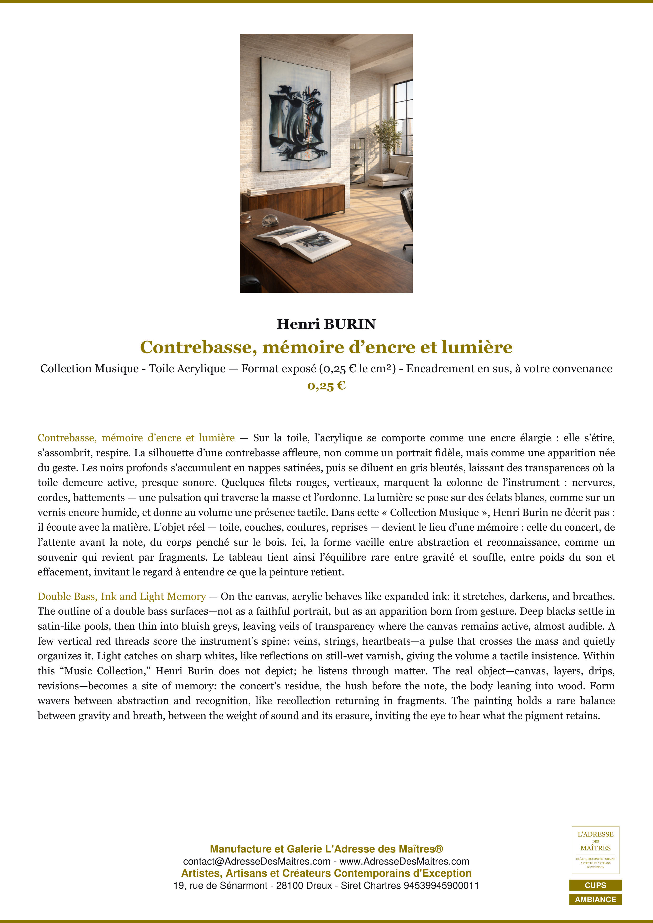 Fiche Premium Ambiance — Contrebasse, mémoire d’encre et lumière — Henri BURIN — L'Adresse des Maîtres®