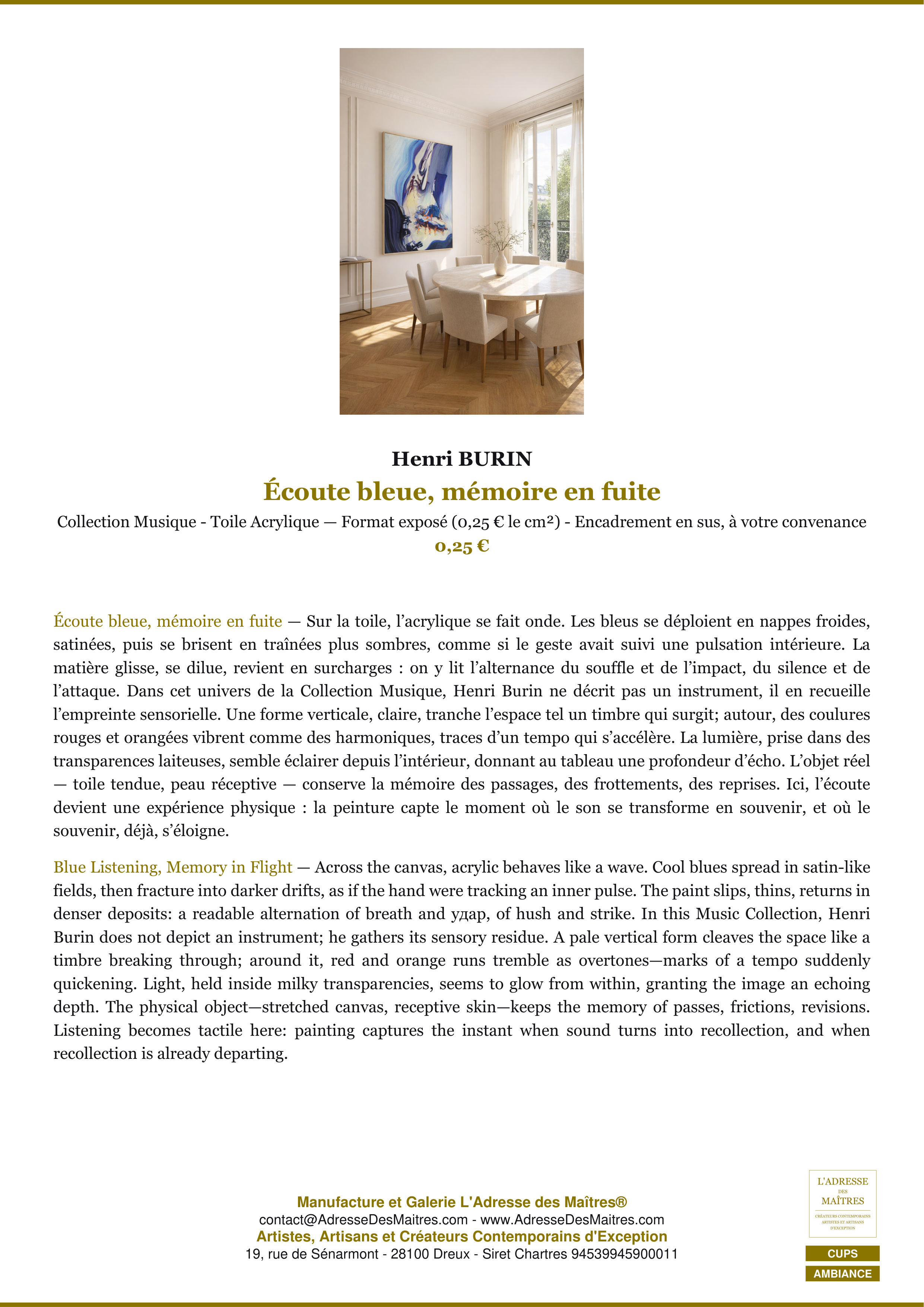 Fiche Premium Ambiance — Écoute bleue, mémoire en fuite — Henri BURIN — L'Adresse des Maîtres®