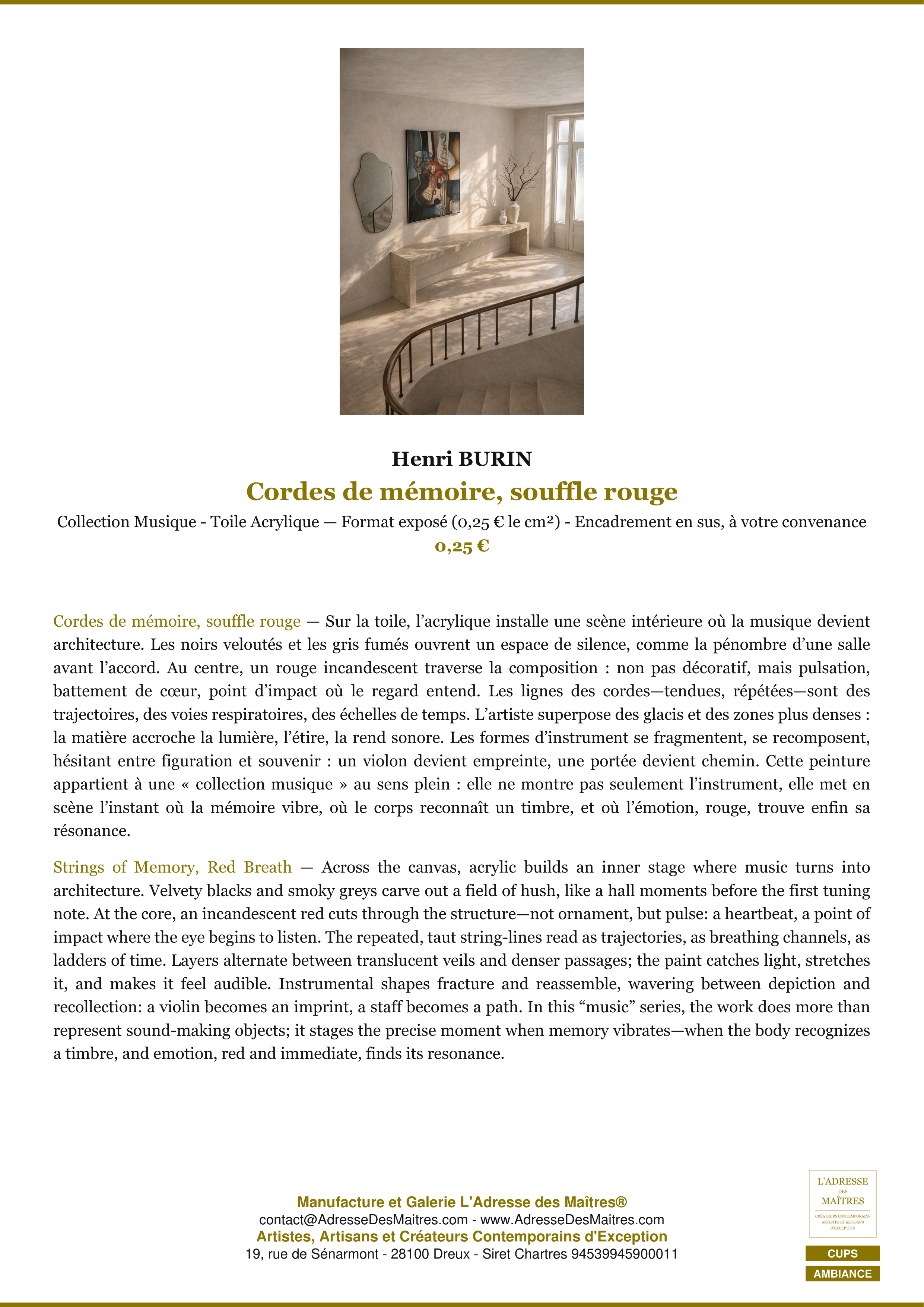 Fiche Premium Ambiance — Cordes de mémoire, souffle rouge — Henri BURIN — L'Adresse des Maîtres®
