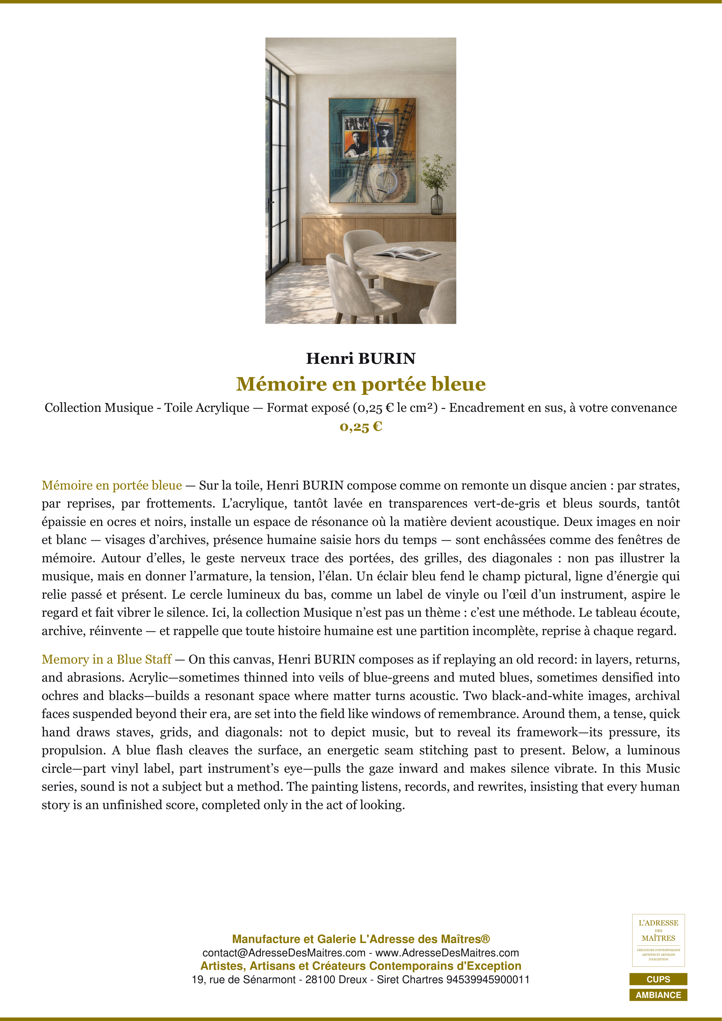 Fiche Premium Ambiance — Mémoire en portée bleue — Henri BURIN — L'Adresse des Maîtres®