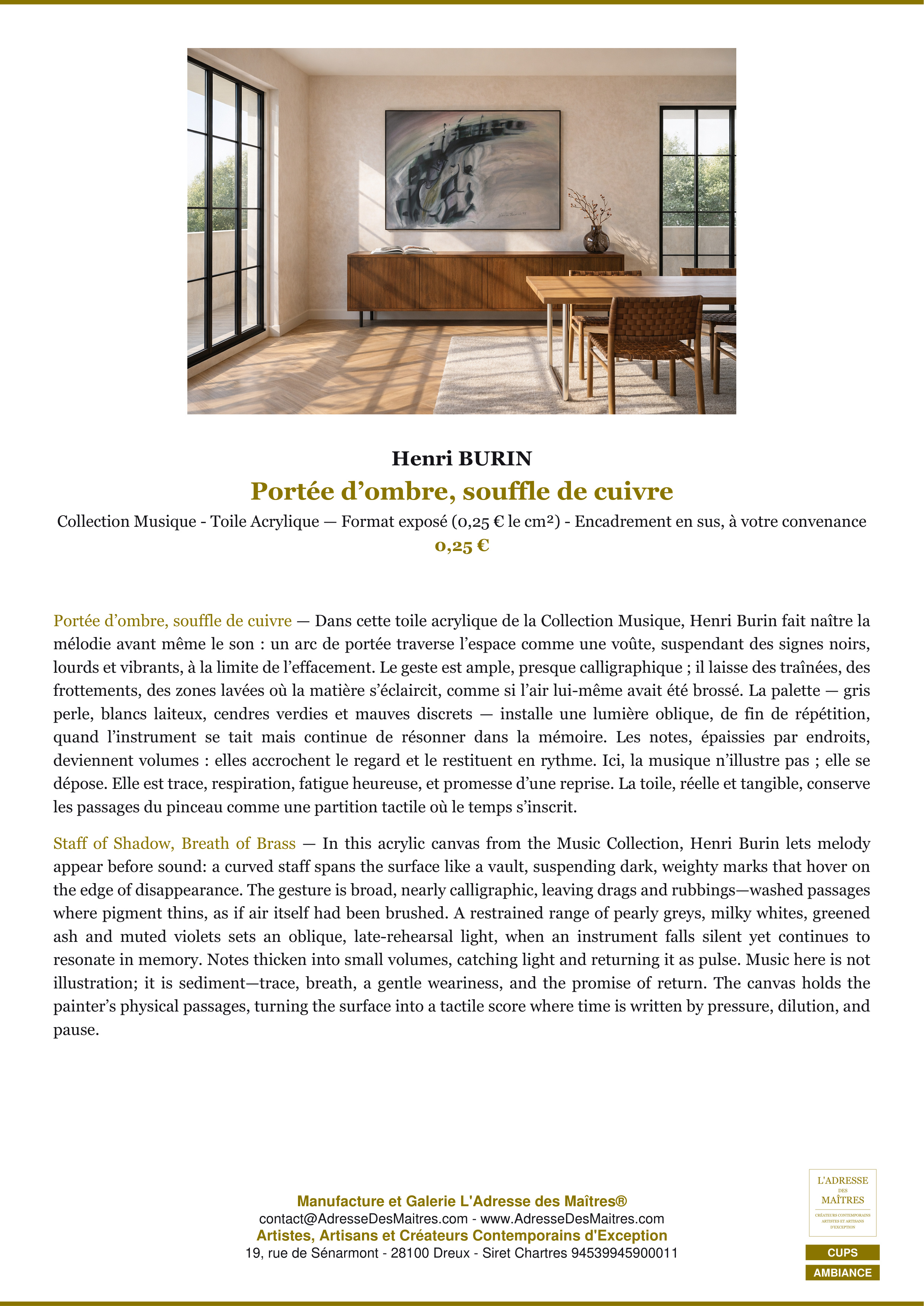 Fiche Premium Ambiance — Portée d’ombre, souffle de cuivre — Henri BURIN — L'Adresse des Maîtres®